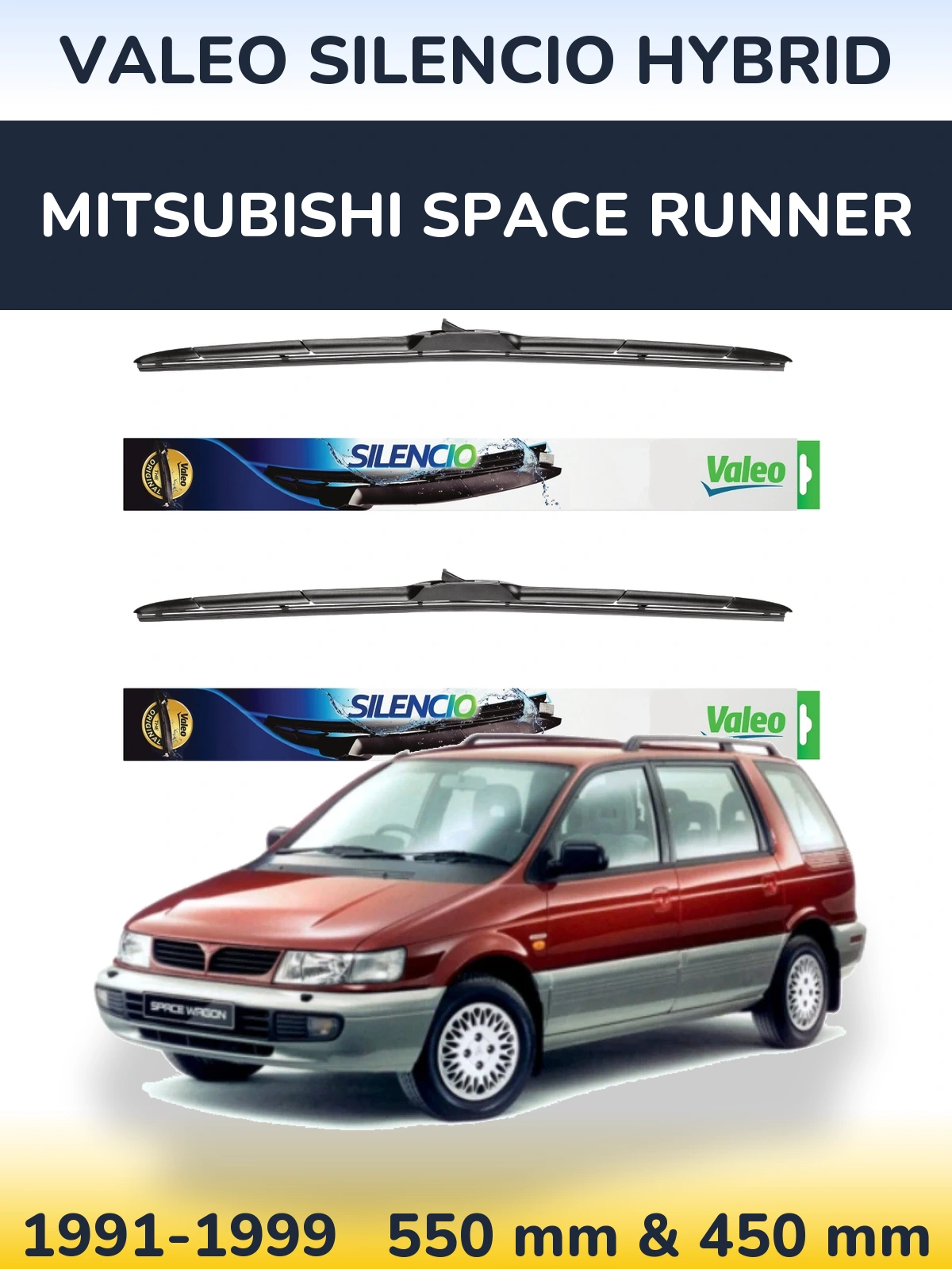 Komplet przednich wycieraczek Valeo Silencio Hybrid 550 & 450 mm do Mitsubishi Space Runner 1991-1999