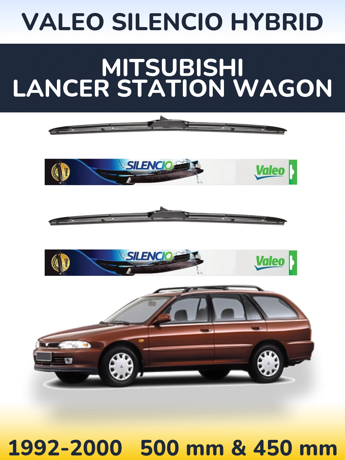 Komplet przednich wycieraczek Valeo Silencio Hybrid 500 & 450 mm do Mitsubishi Lancer Station Wagon 1992-2000
