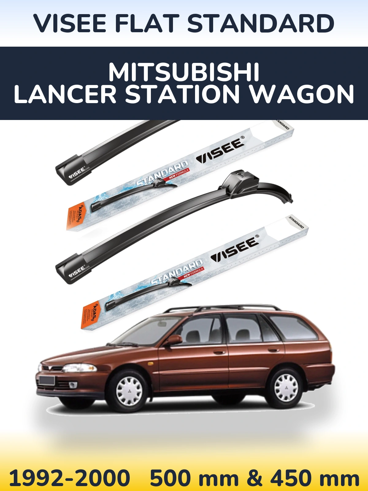 Komplet przednich wycieraczek VISEE FLAT STANDARD 500 & 450 mm do Mitsubishi Lancer Station Wagon 1992-2000
