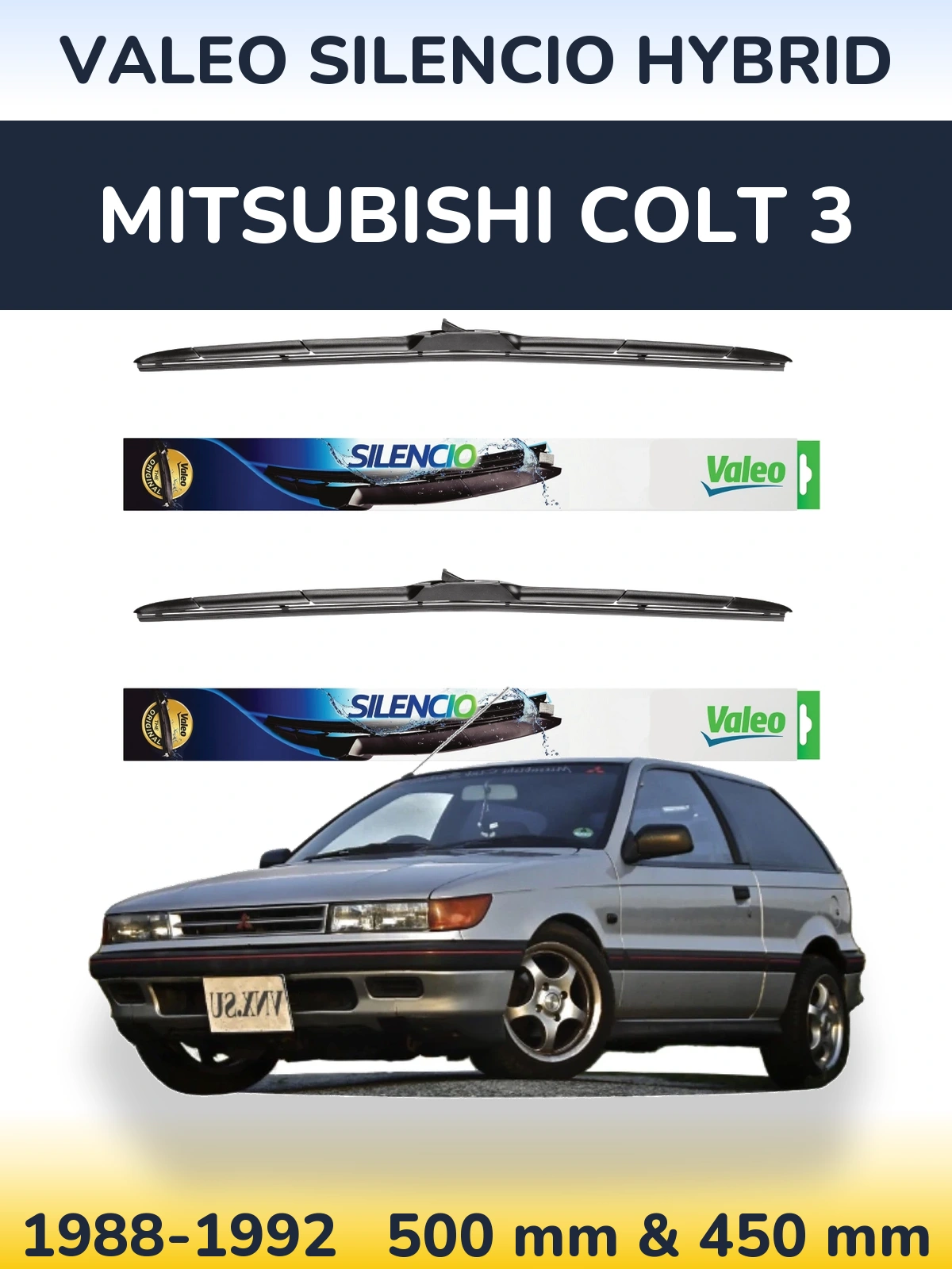 Komplet przednich wycieraczek Valeo Silencio Hybrid 500 & 450 mm do Mitsubishi Colt 3 1988-1992