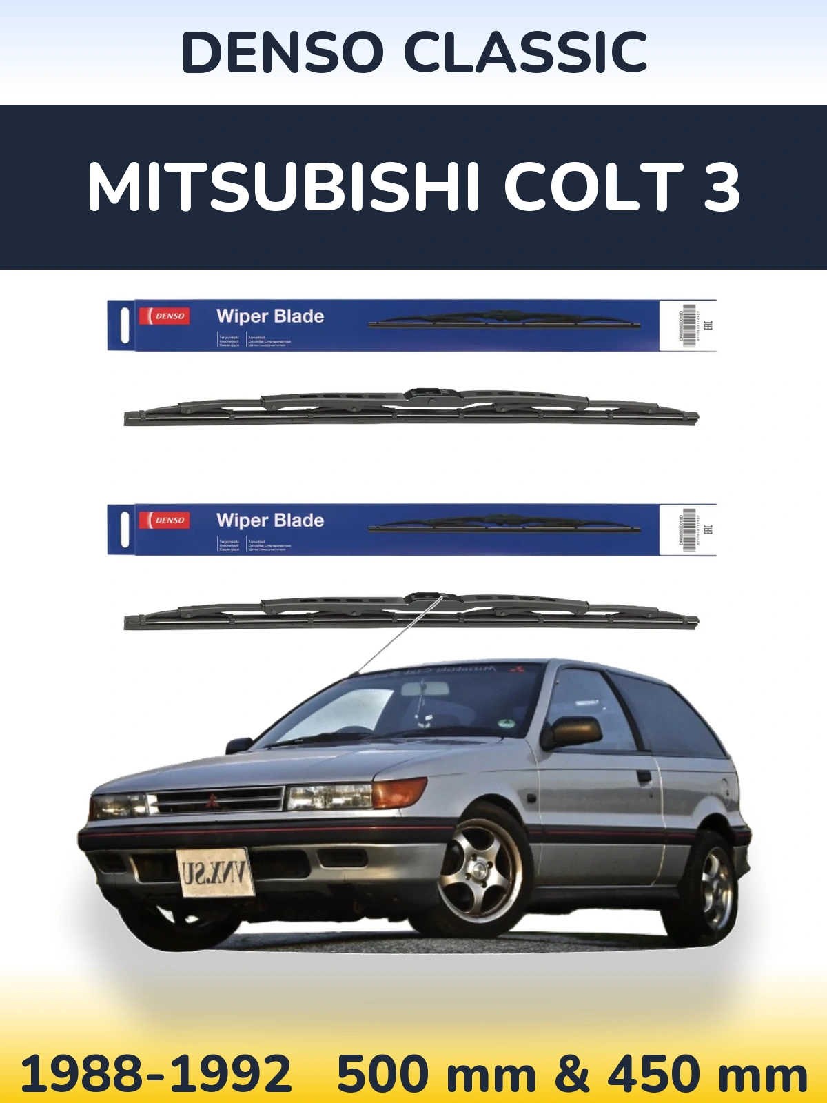 Front wiper blade set Denso Classic 500 & 450 mm for Mitsubishi Colt 3 1988-1992