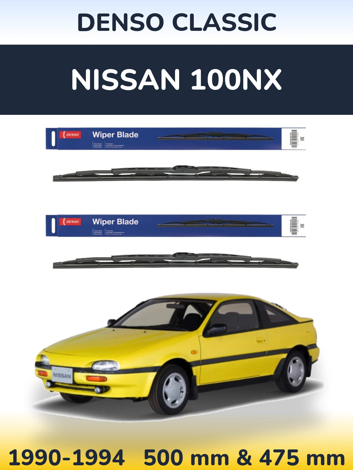 Front wiper blade set Denso Classic 500 & 475 mm for Nissan 100NX 1990-1994