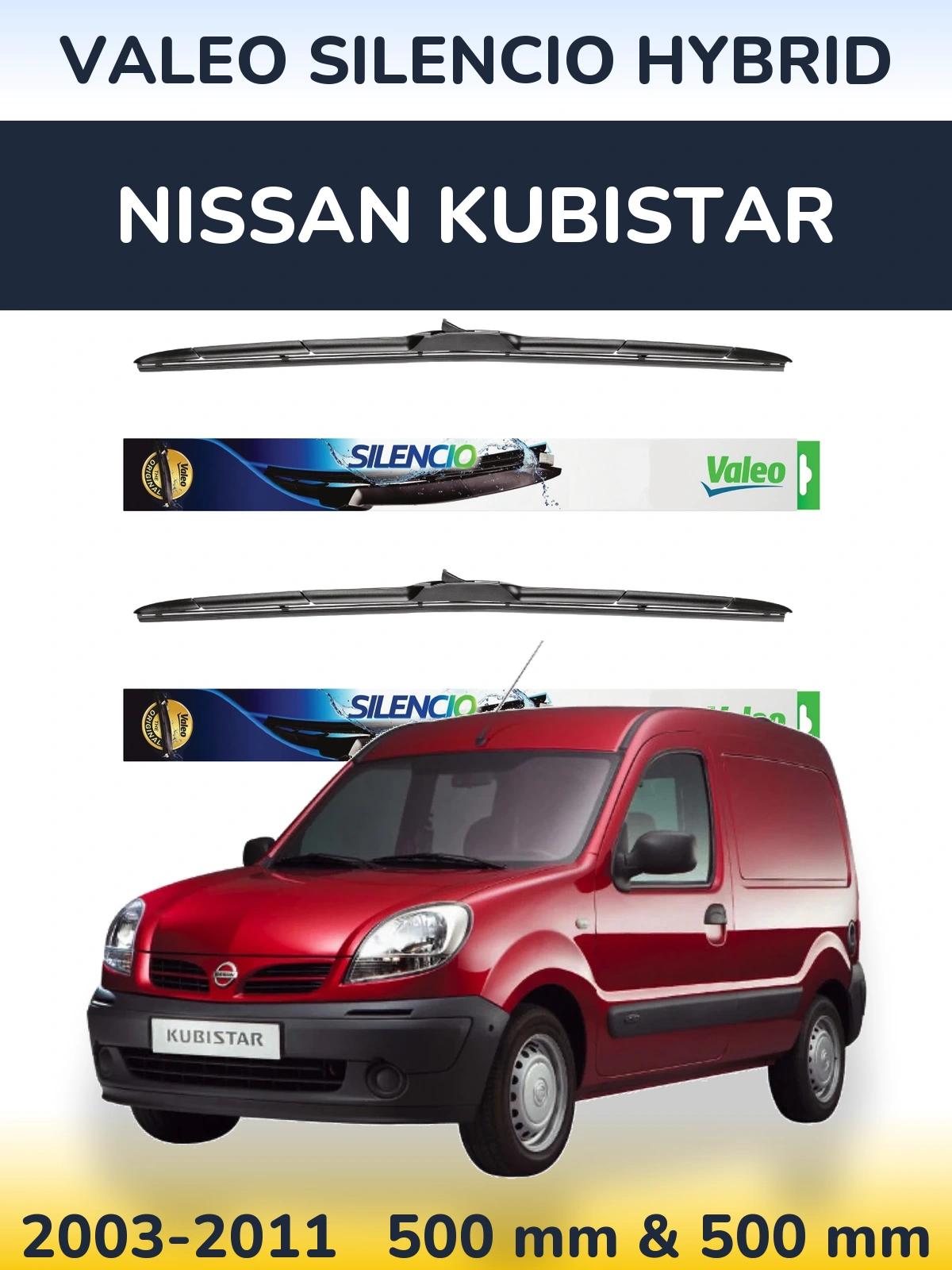 Front wiper blade set Valeo Silencio Hybrid 500 & 500 mm for Nissan Kubistar 2003-2011