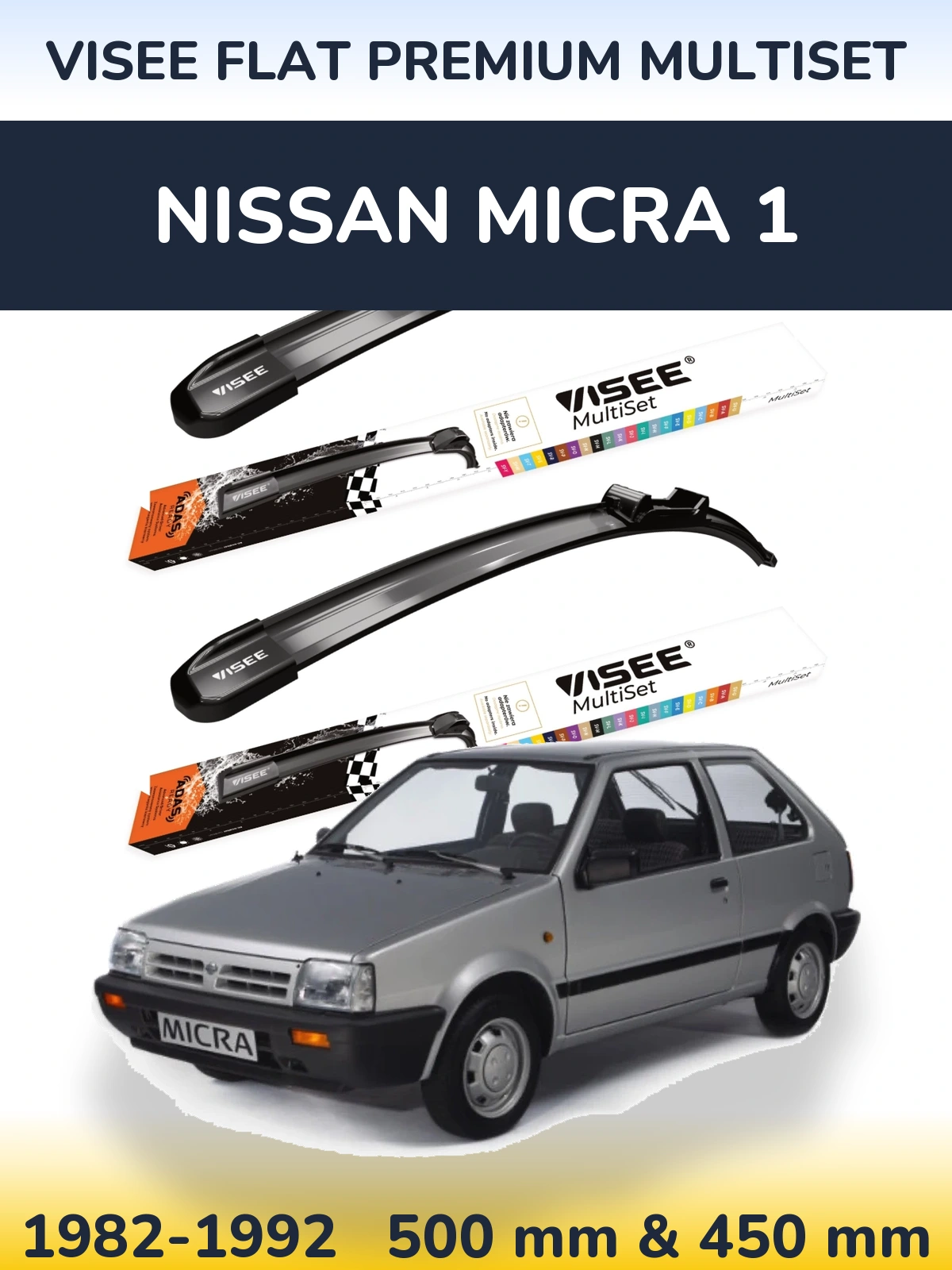 Komplet przednich wycieraczek VISEE FLAT PREMIUM MultiSet 500 & 450 mm do Nissan Micra 1 1982-1992