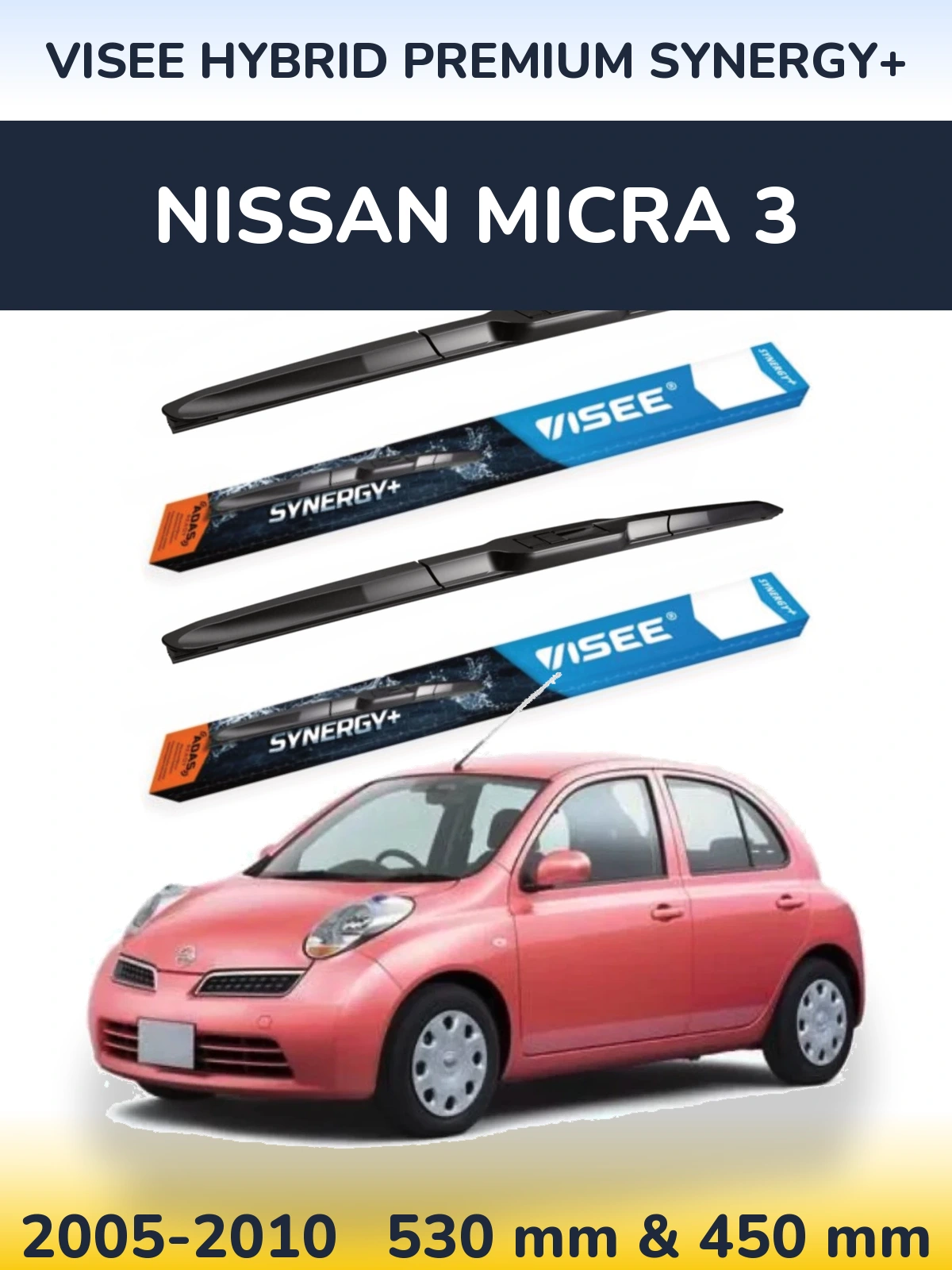 Komplet przednich wycieraczek VISEE HYBRID PREMIUM SYNERGY+ 530 & 450 mm do Nissan Micra 3 2005-2010