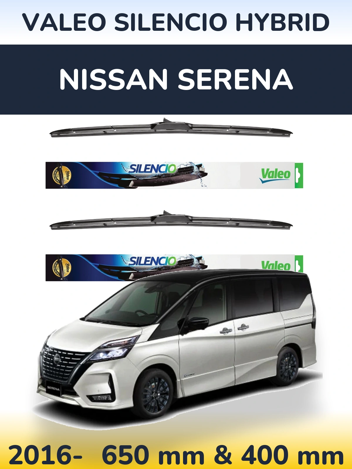Komplet przednich wycieraczek Valeo Silencio Hybrid 650 & 400 mm do Nissan Serena 2016-2026