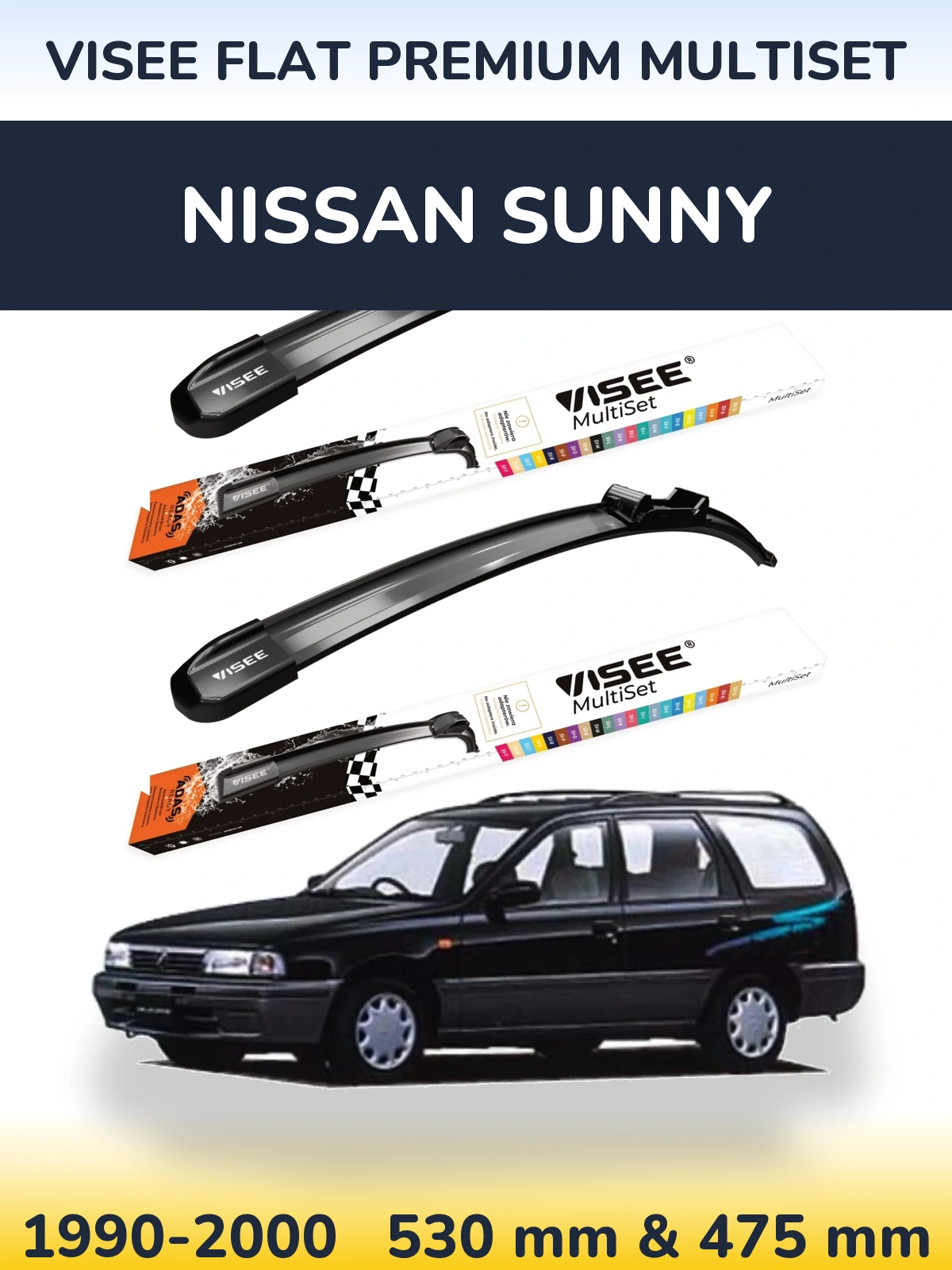 Komplet przednich wycieraczek VISEE FLAT PREMIUM MultiSet 530 & 475 mm do Nissan Sunny 1990-2000