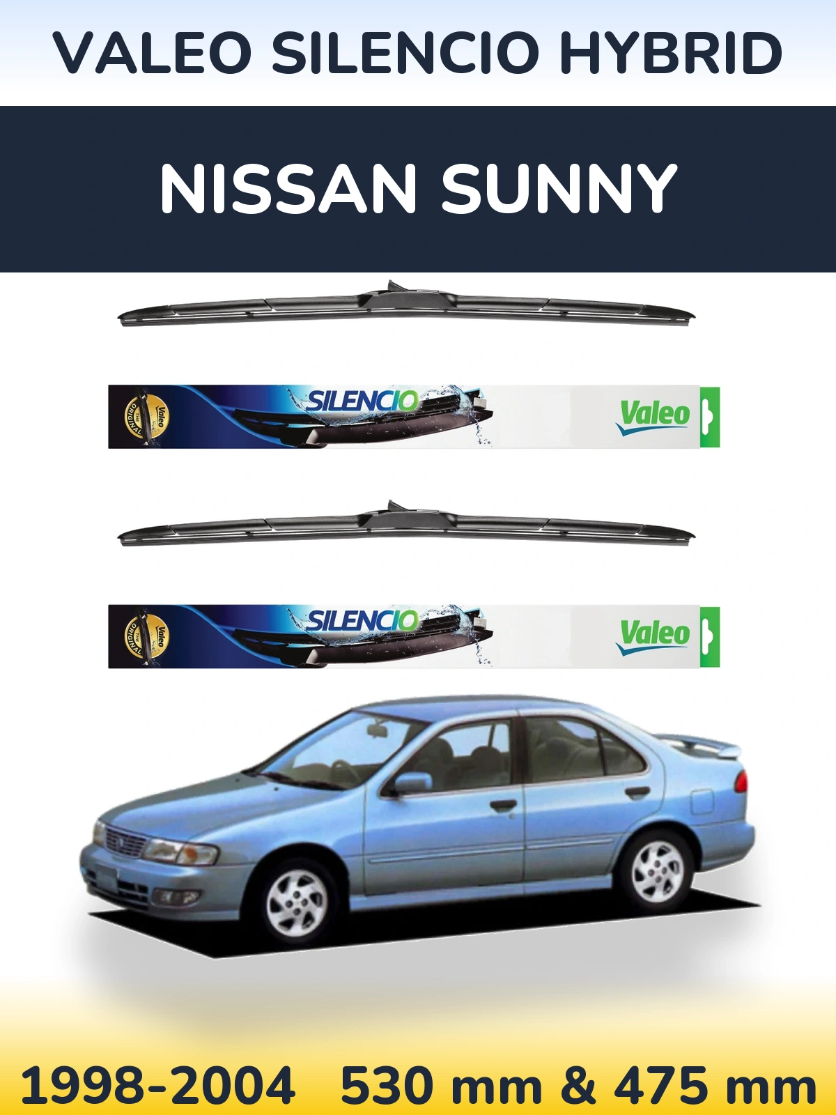 Front wiper blade set Valeo Silencio Hybrid 530 & 475 mm for Nissan Sunny 1998-2004
