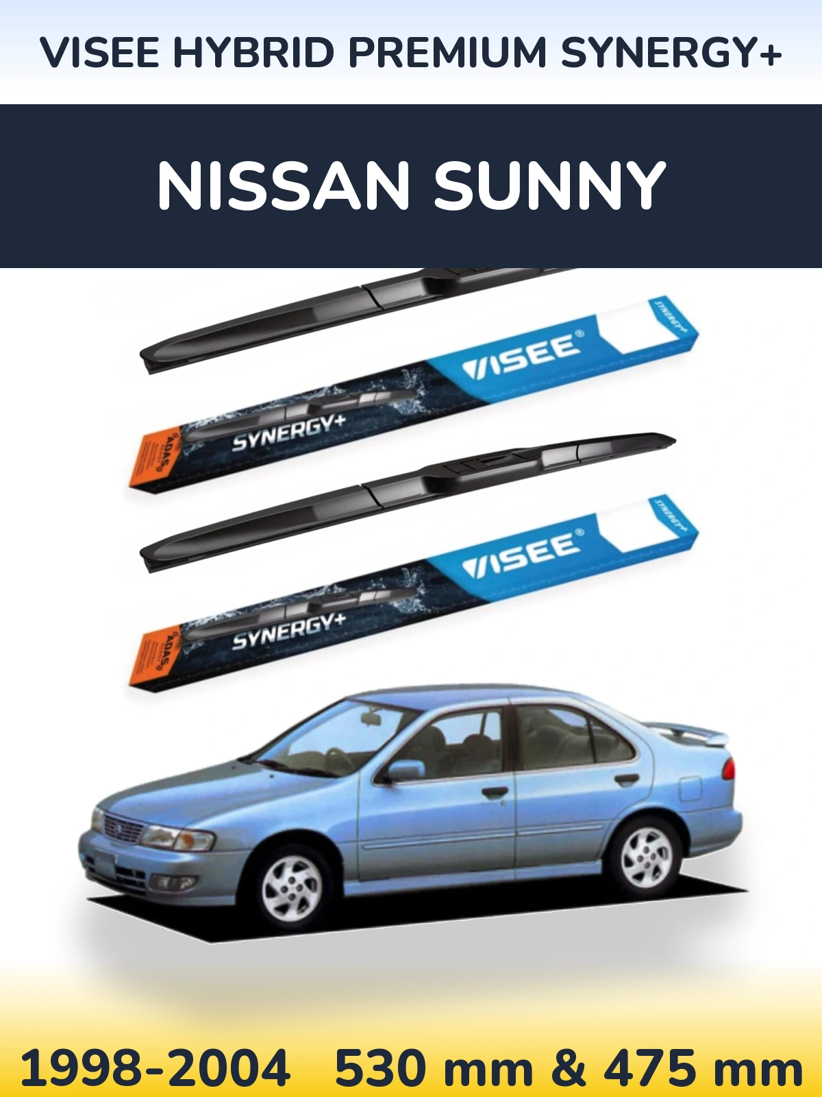 Front wiper blade set VISEE HYBRID PREMIUM SYNERGY+ 530 & 475 mm for Nissan Sunny 1998-2004