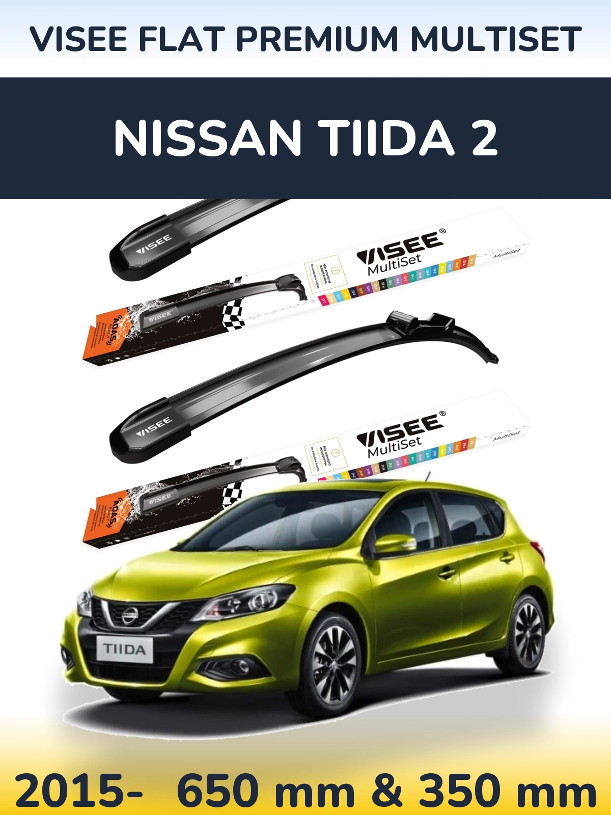 Komplet przednich wycieraczek VISEE FLAT PREMIUM MultiSet 650 & 350 mm do Nissan Tiida 2 2015-2026