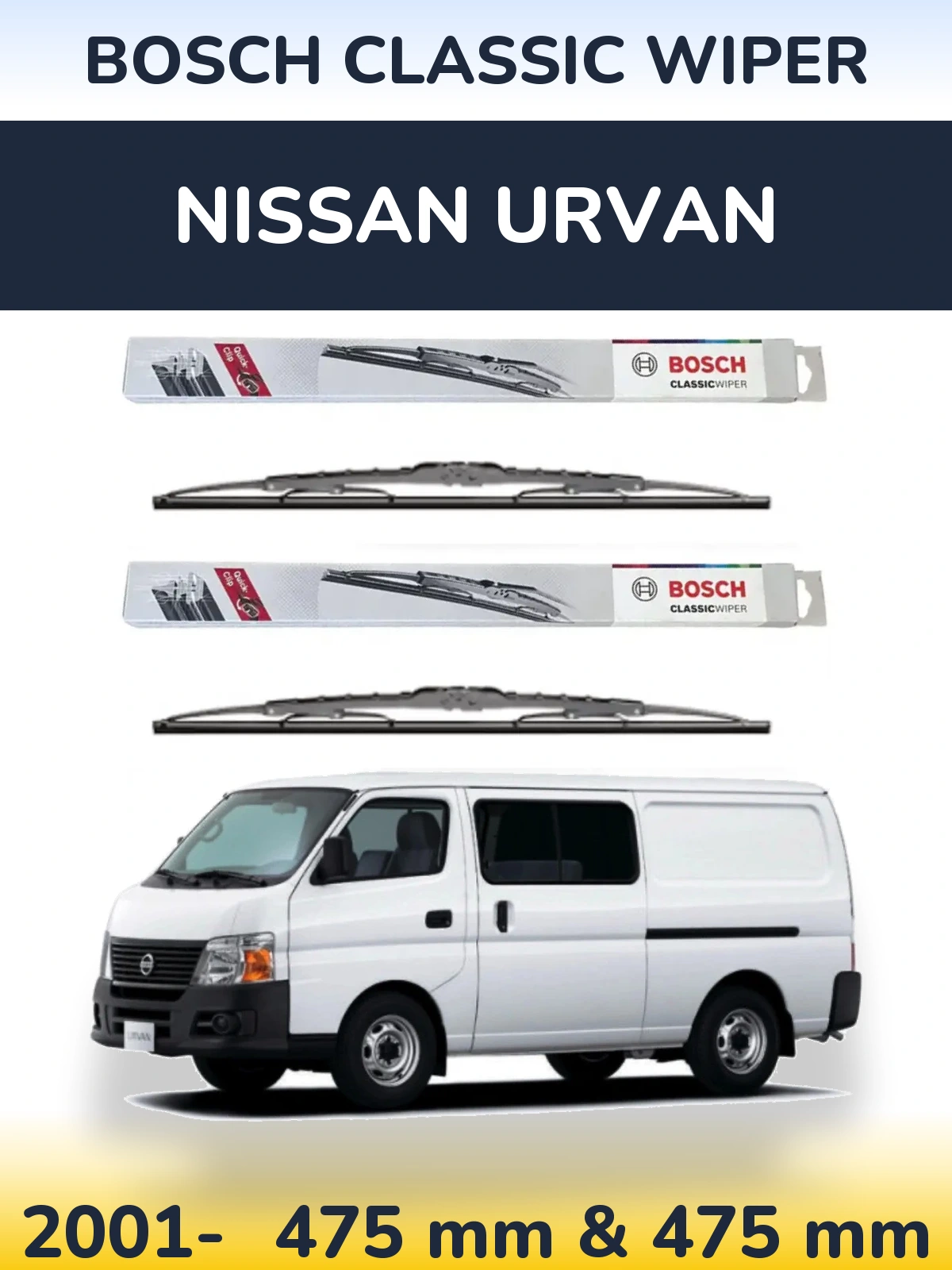 Комплект передних дворников BOSCH Classic Wiper 475 & 475 мм для Nissan Urvan 2001-2026