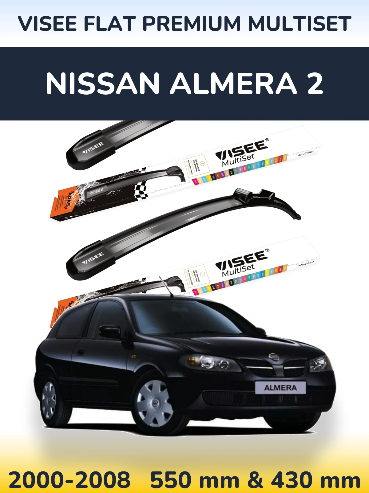 Komplet przednich wycieraczek VISEE FLAT PREMIUM MultiSet 550 & 430 mm do Nissan Almera 2 2000-2008