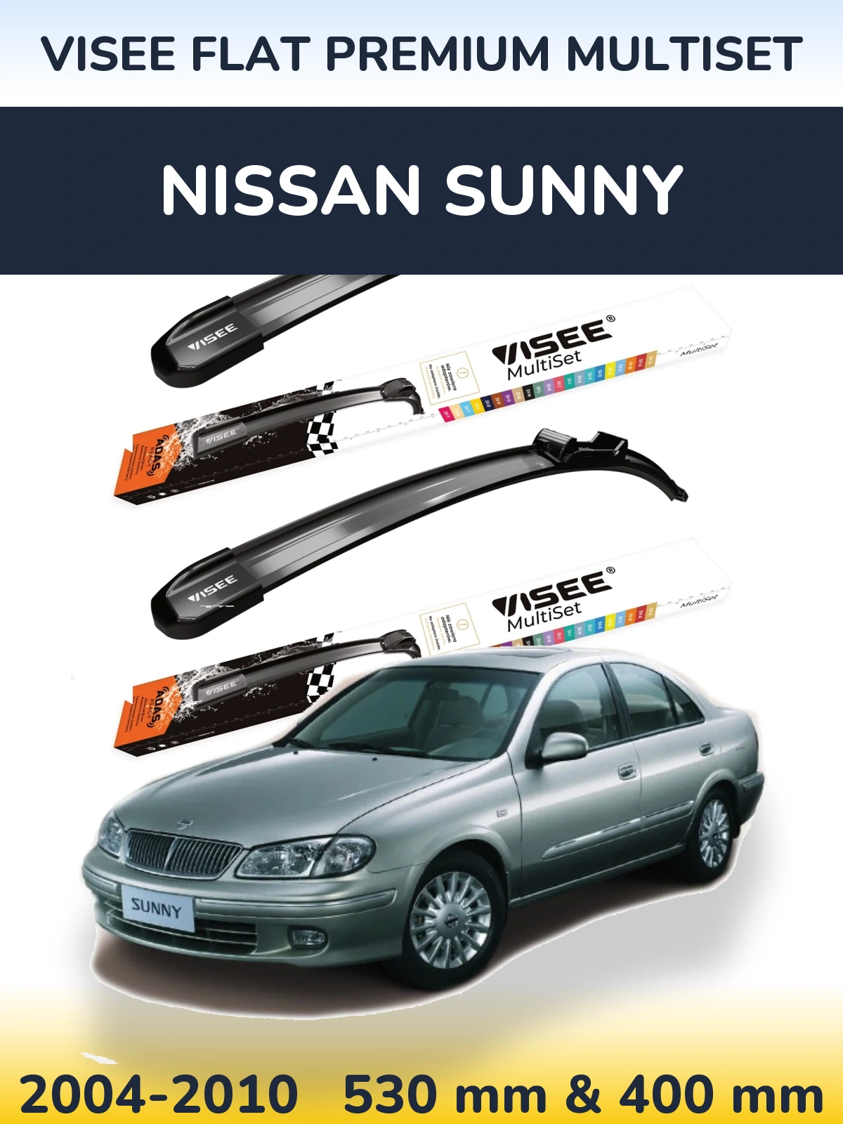 Komplet przednich wycieraczek VISEE FLAT PREMIUM MultiSet 530 & 400 mm do Nissan Sunny 2004-2010