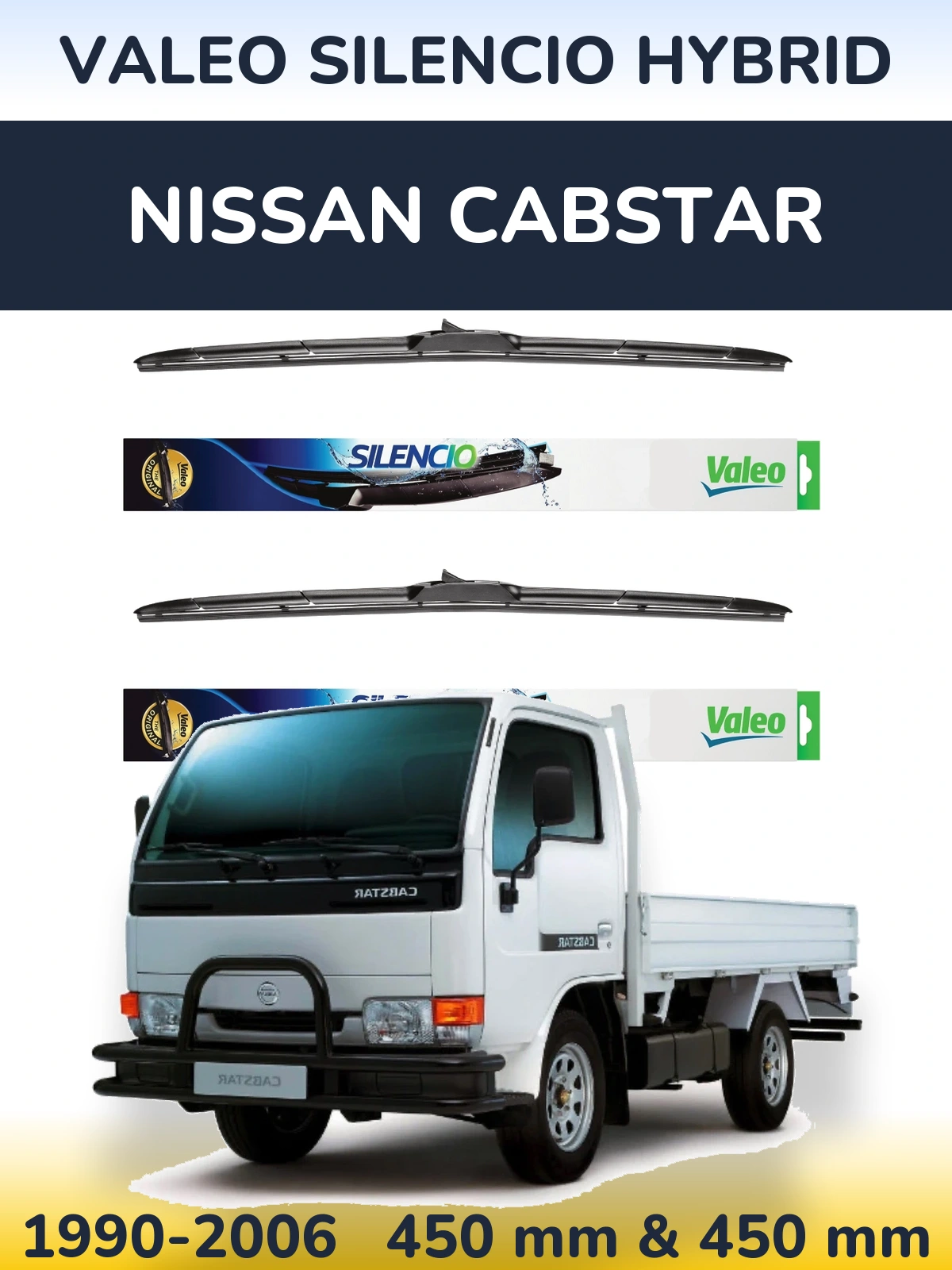 Komplet przednich wycieraczek Valeo Silencio Hybrid 450 & 450 mm do Nissan Cabstar 1990-2006