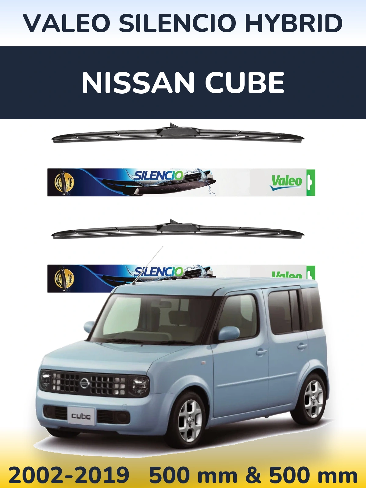 Komplet przednich wycieraczek Valeo Silencio Hybrid 500 & 500 mm do Nissan Cube 2002-2019