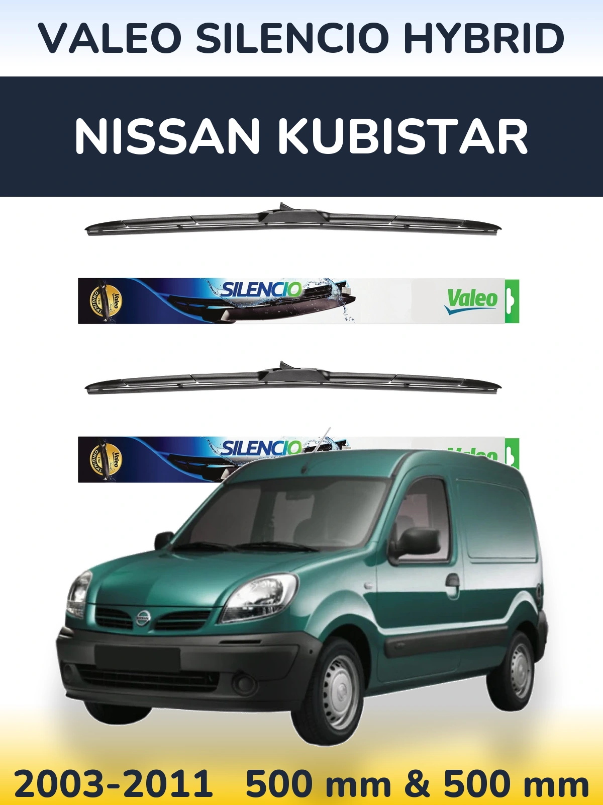 Комплект передних дворников Valeo Silencio Hybrid 500 & 500 мм для Nissan Kubistar 2003-2011