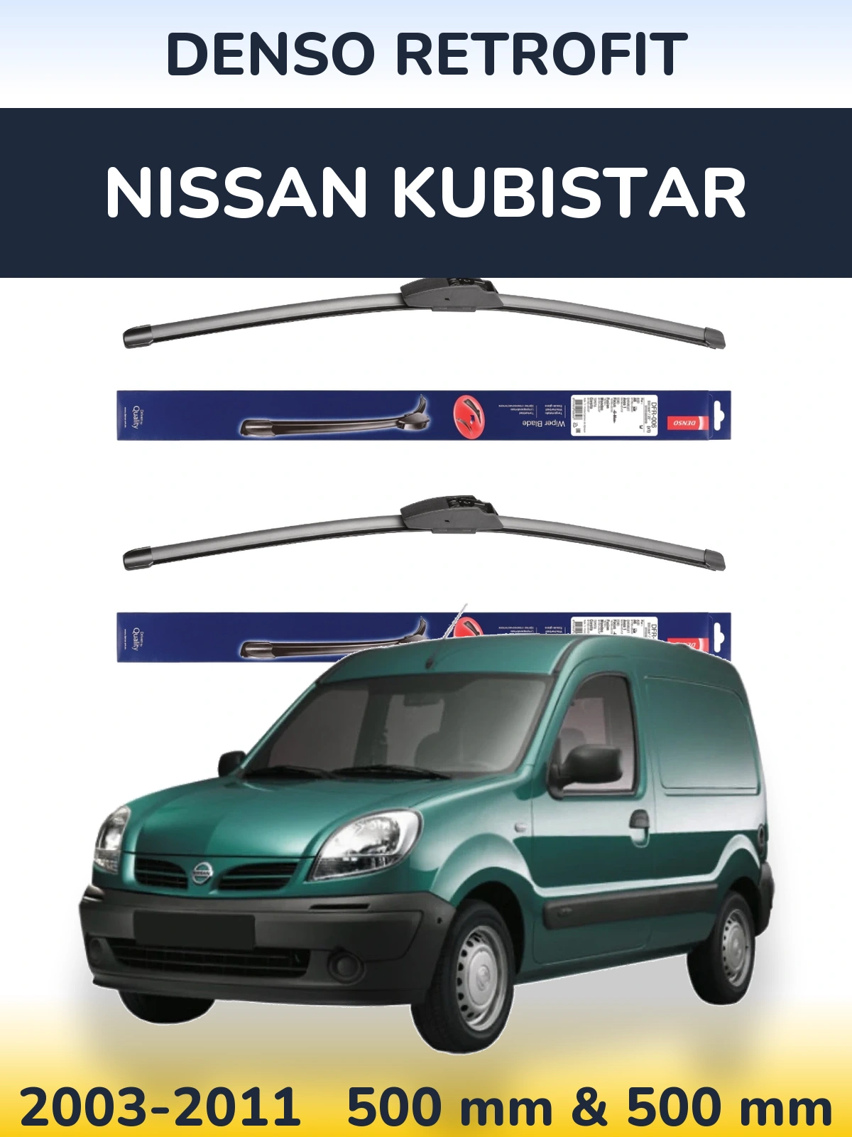 Front wiper blade set Denso Retrofit 500 & 500 mm for Nissan Kubistar 2003-2011