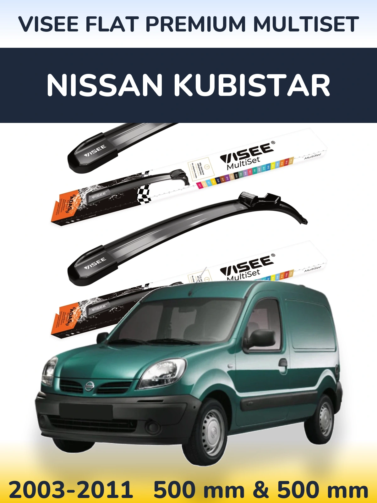Komplet przednich wycieraczek VISEE FLAT PREMIUM MultiSet 500 & 500 mm do Nissan Kubistar 2003-2011