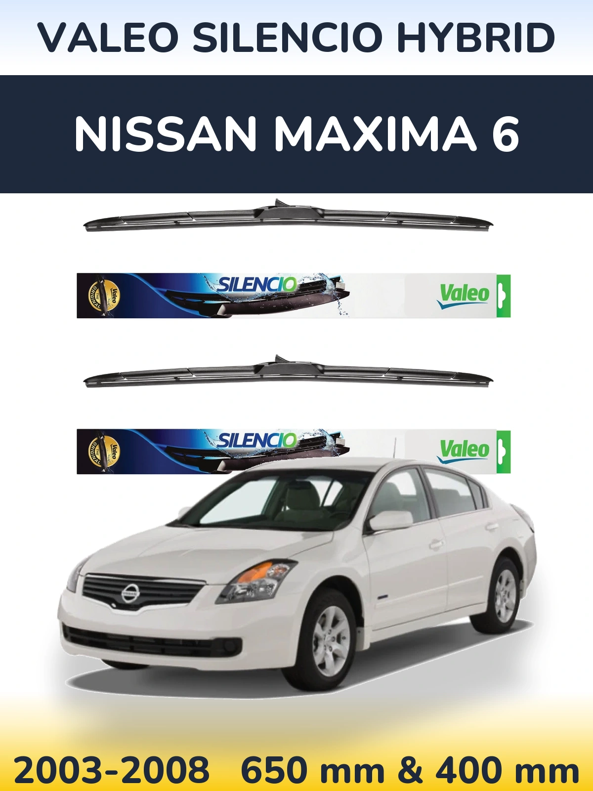 Front wiper blade set Valeo Silencio Hybrid 650 & 400 mm for Nissan Maxima 6 2003-2008