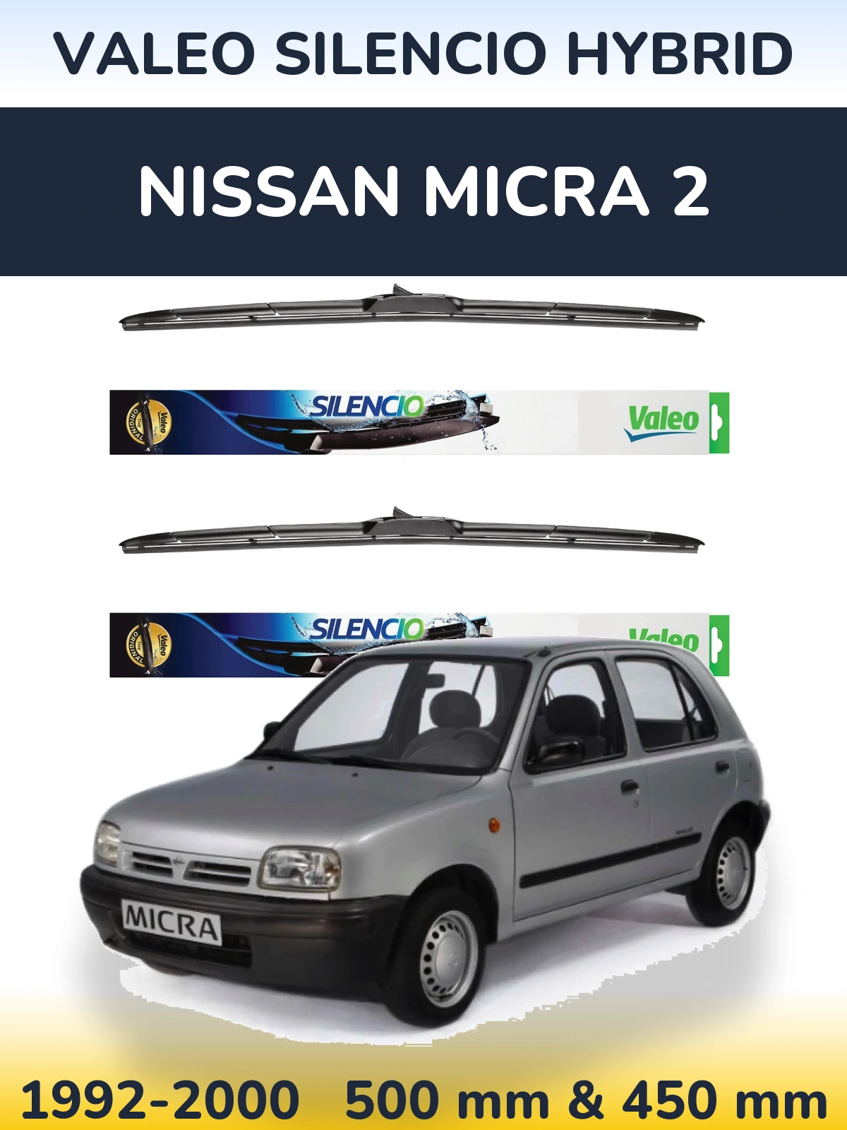 Komplet przednich wycieraczek Valeo Silencio Hybrid 500 & 450 mm do Nissan Micra 2 1992-2000