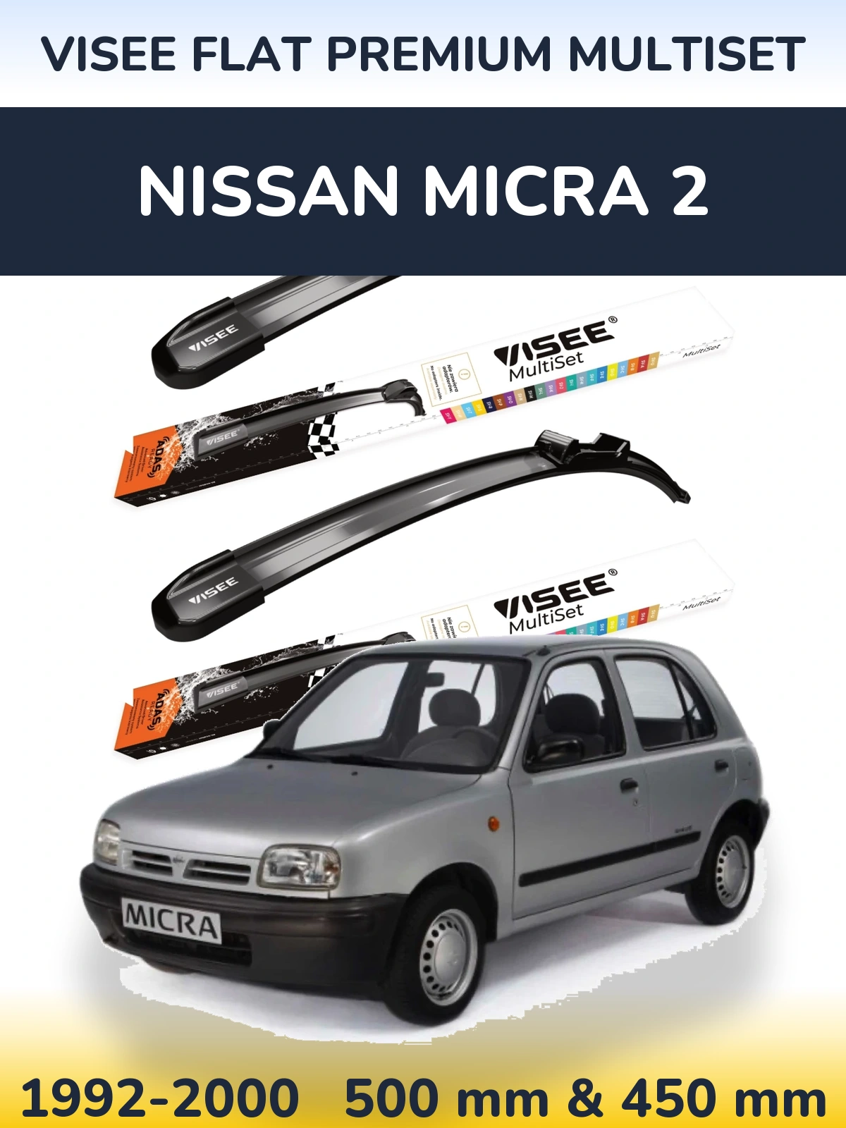 Komplet przednich wycieraczek VISEE FLAT PREMIUM MultiSet 500 & 450 mm do Nissan Micra 2 1992-2000