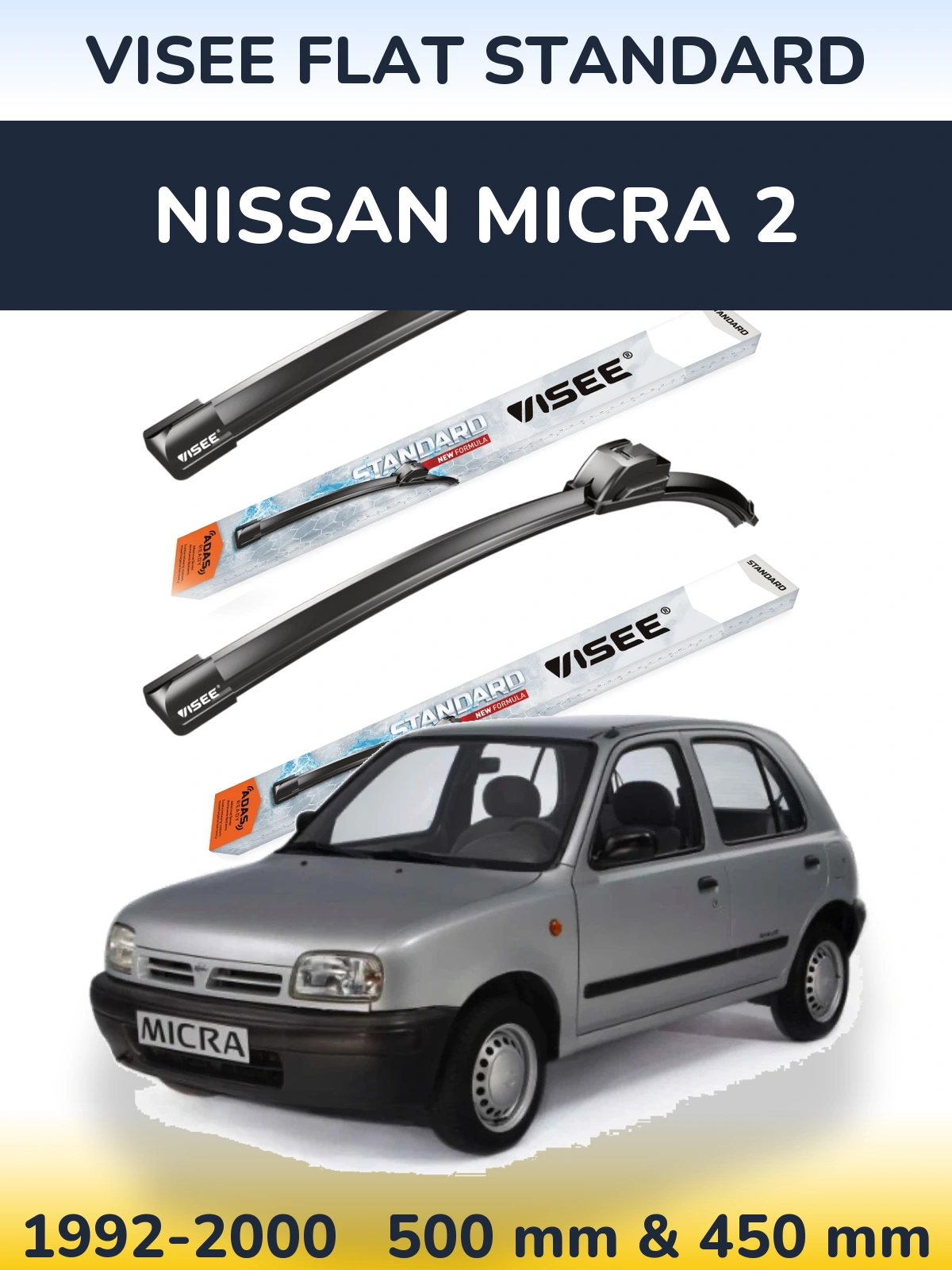 Комплект передних дворников VISEE FLAT STANDARD 500 & 450 мм для Nissan Micra 2 1992-2000