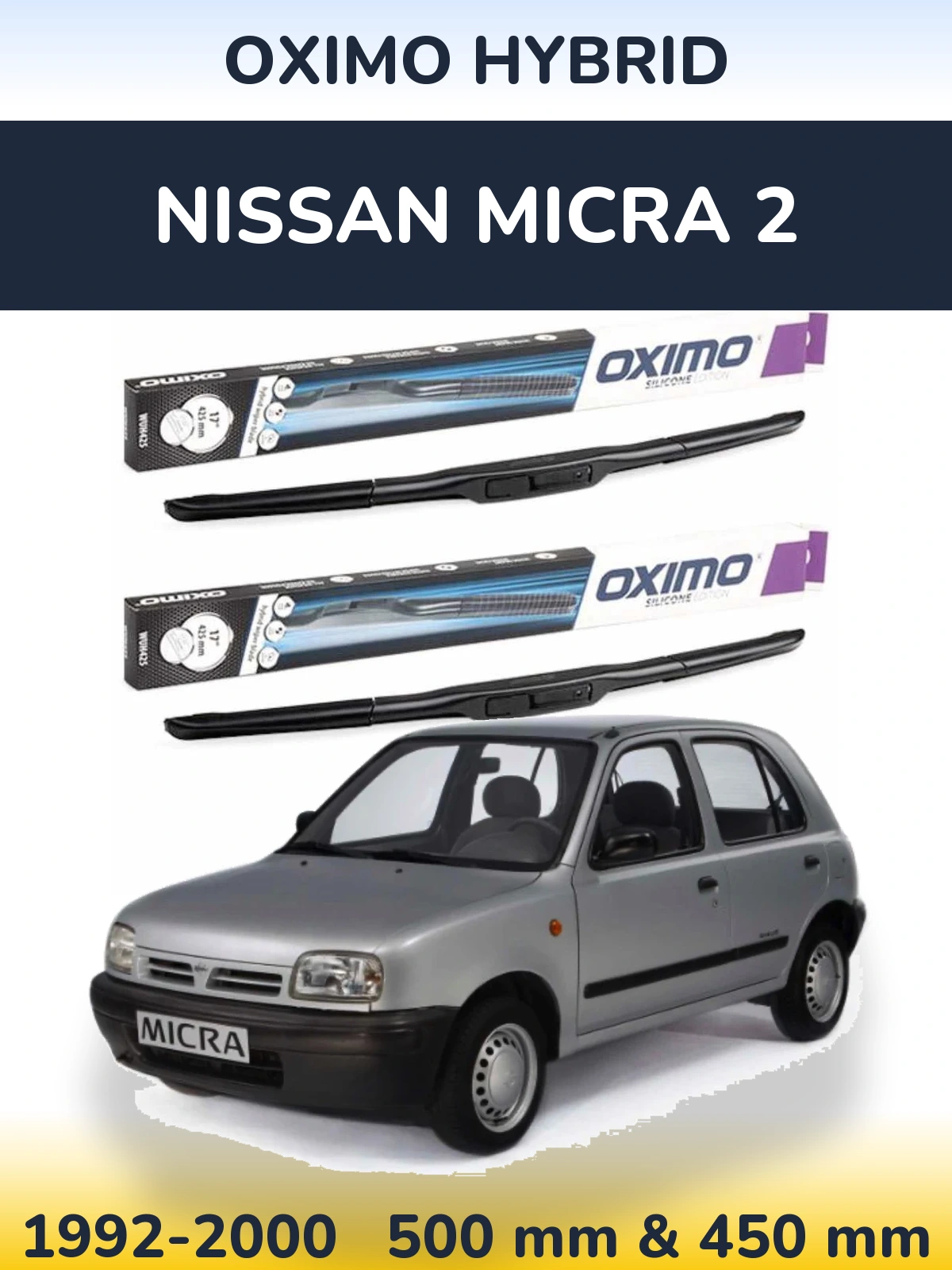 Комплект передних дворников Oximo Hybrid 500 & 450 мм для Nissan Micra 2 1992-2000