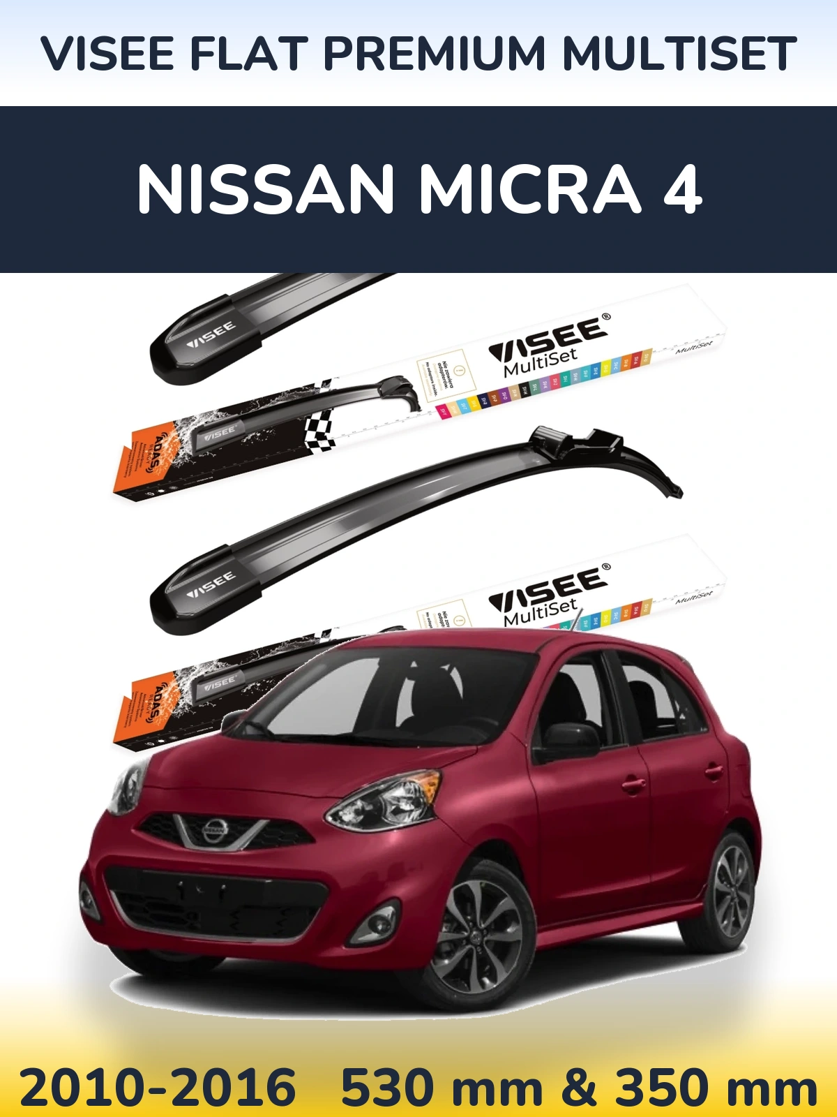 Komplet przednich wycieraczek VISEE FLAT PREMIUM MultiSet 530 & 350 mm do Nissan Micra 4 2010-2016