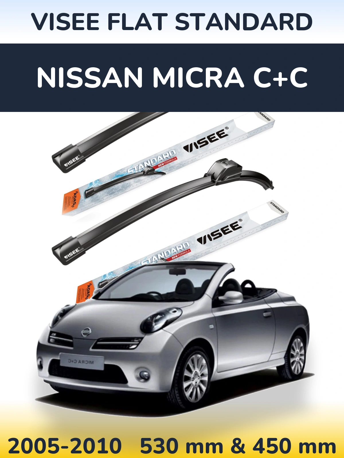Komplet przednich wycieraczek VISEE FLAT STANDARD 530 & 450 mm do Nissan Micra C+C 2005-2010