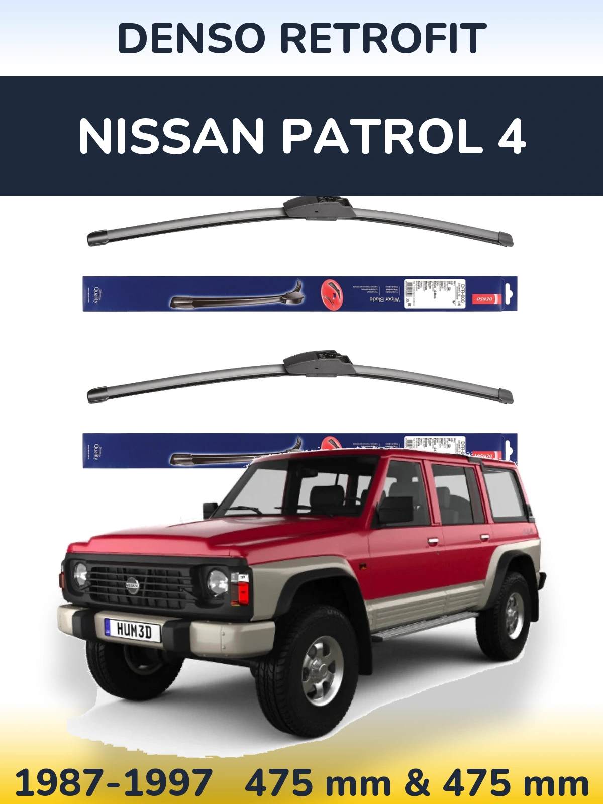 Front wiper blade set Denso Retrofit 475 & 475 mm for Nissan Patrol 4 1987-1997