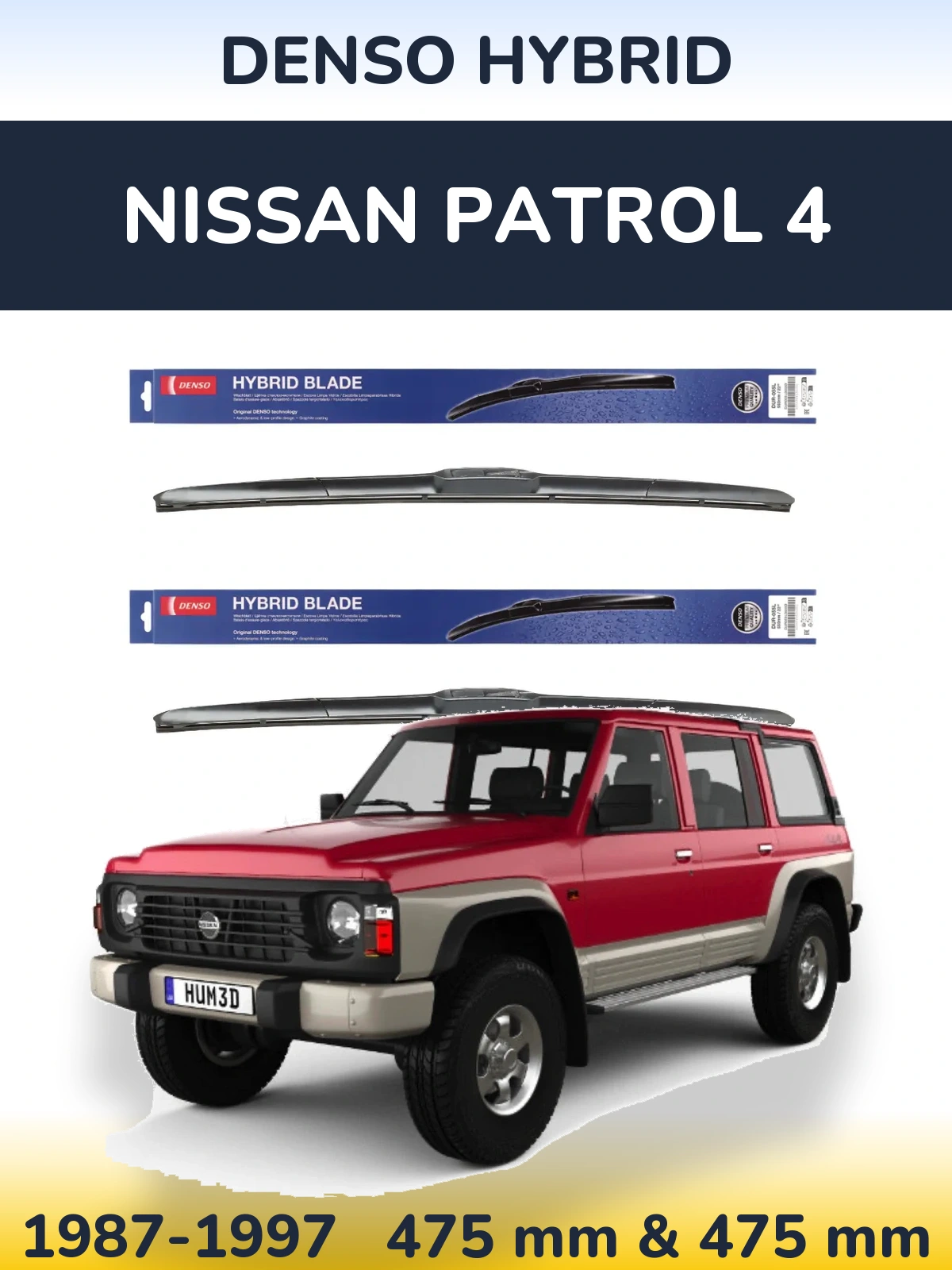 Front wiper blade set Denso Hybrid 475 & 475 mm for Nissan Patrol 4 1987-1997