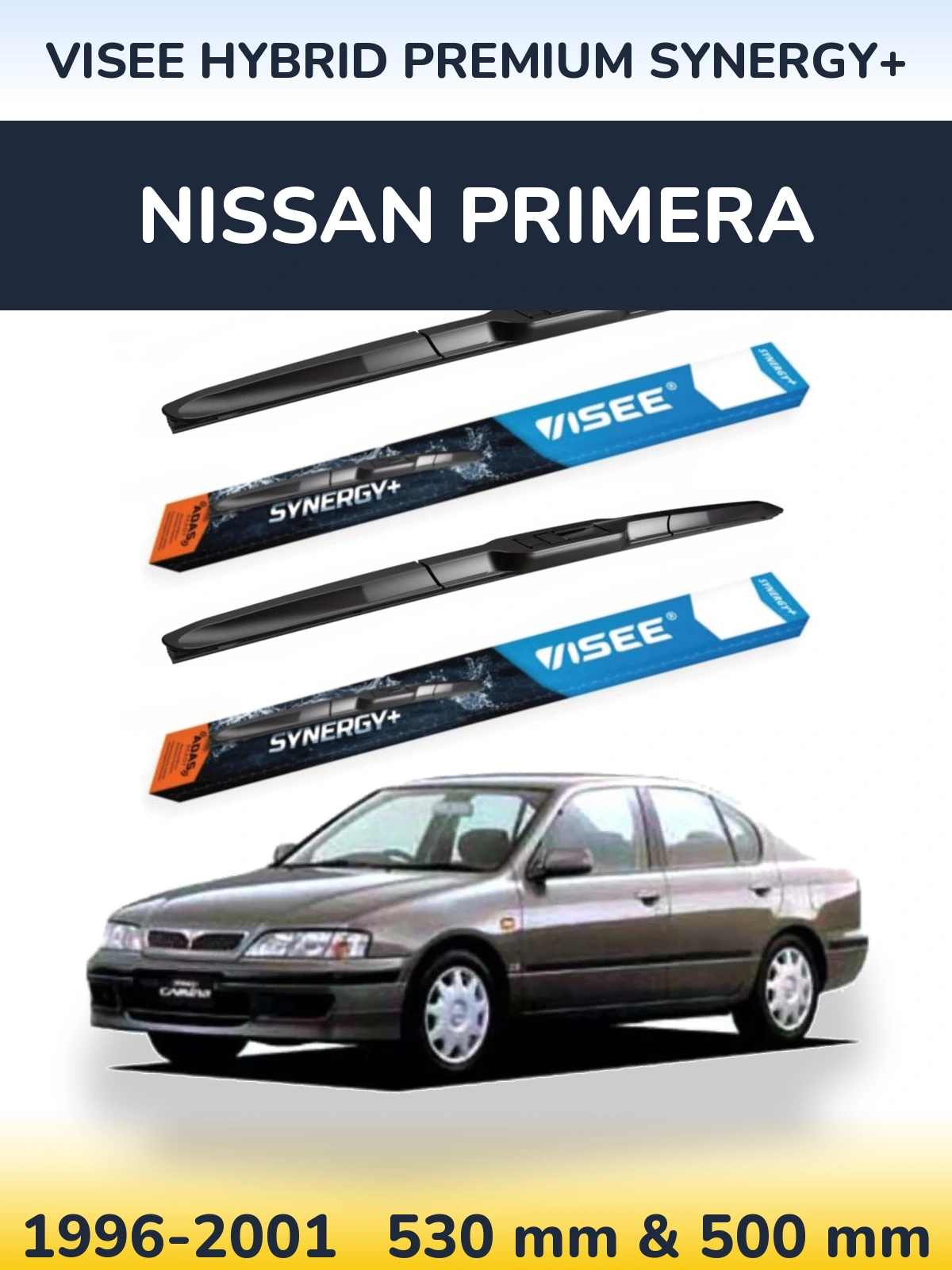 Front wiper blade set VISEE HYBRID PREMIUM SYNERGY+ 530 & 500 mm for Nissan Primera 1996-2001