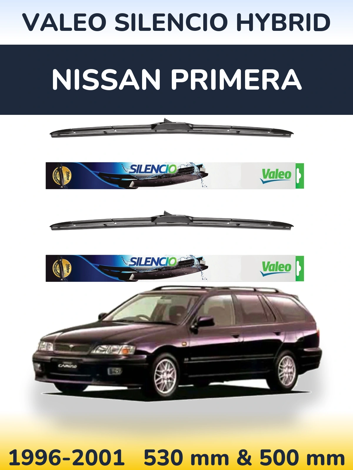 Front wiper blade set Valeo Silencio Hybrid 530 & 500 mm for Nissan Primera 1996-2001