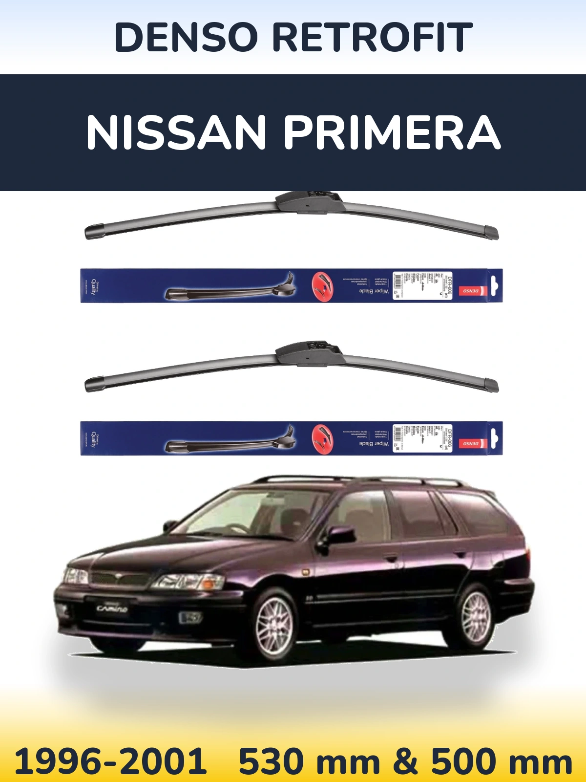 Front wiper blade set Denso Retrofit 530 & 500 mm for Nissan Primera 1996-2001