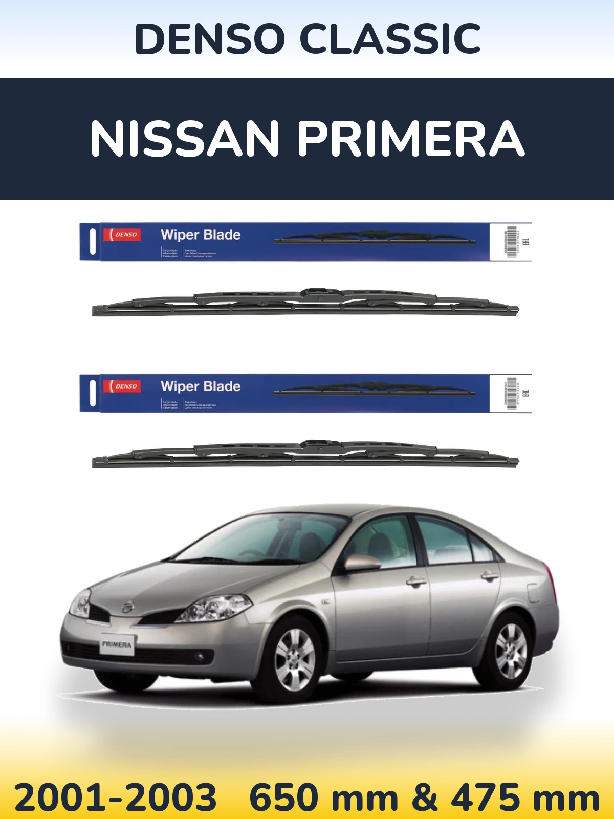 Front wiper blade set Denso Classic 650 & 475 mm for Nissan Primera 2001-2003