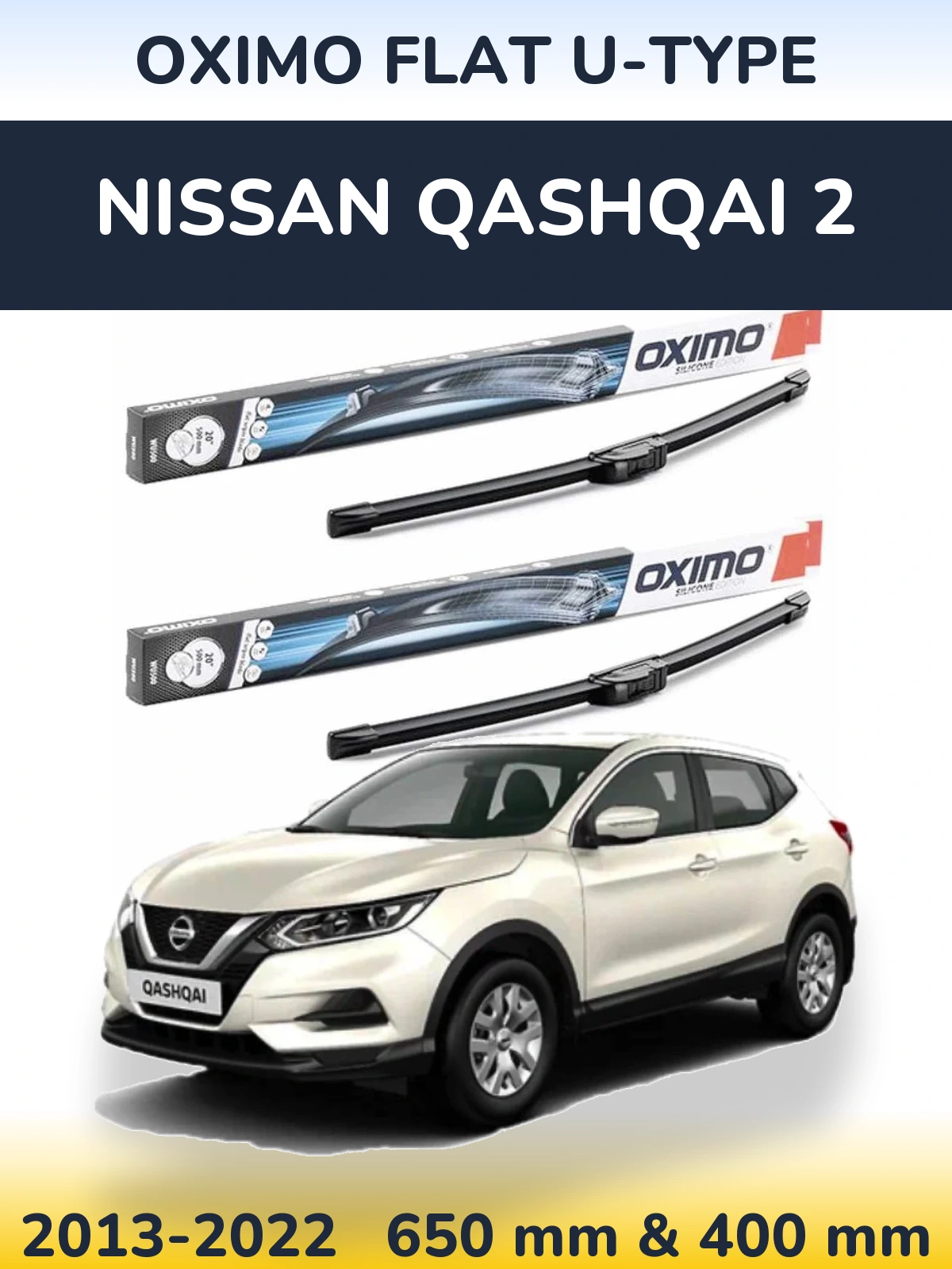 Комплект передних дворников Oximo Flat U-type 650 & 400 мм для Nissan Qashqai 2 2013-2022