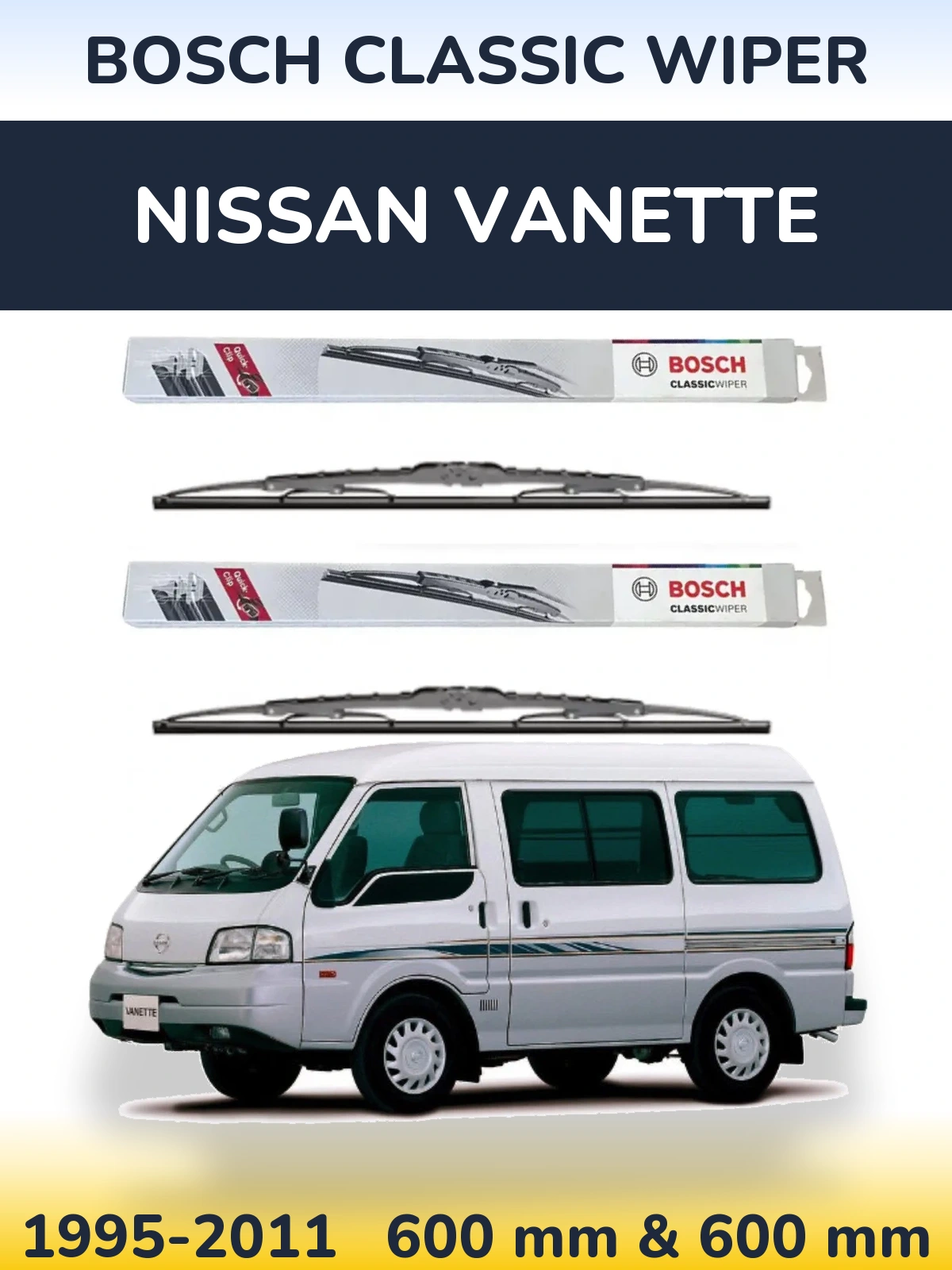 Комплект передних дворников BOSCH Classic Wiper 600 & 600 мм для Nissan Vanette 1995-2011