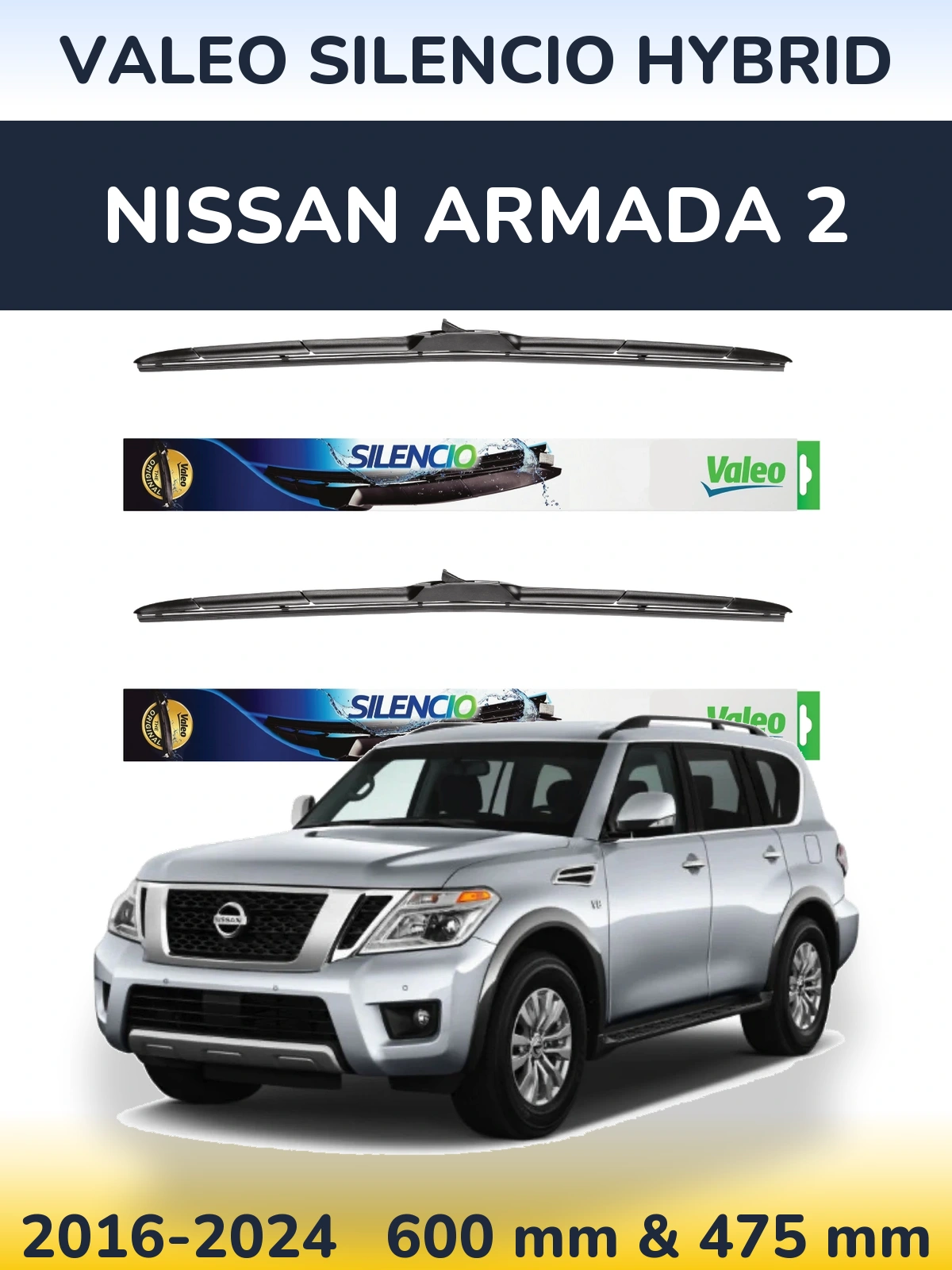 Front wiper blade set Valeo Silencio Hybrid 600 & 475 mm for Nissan Armada 2 2016-2024