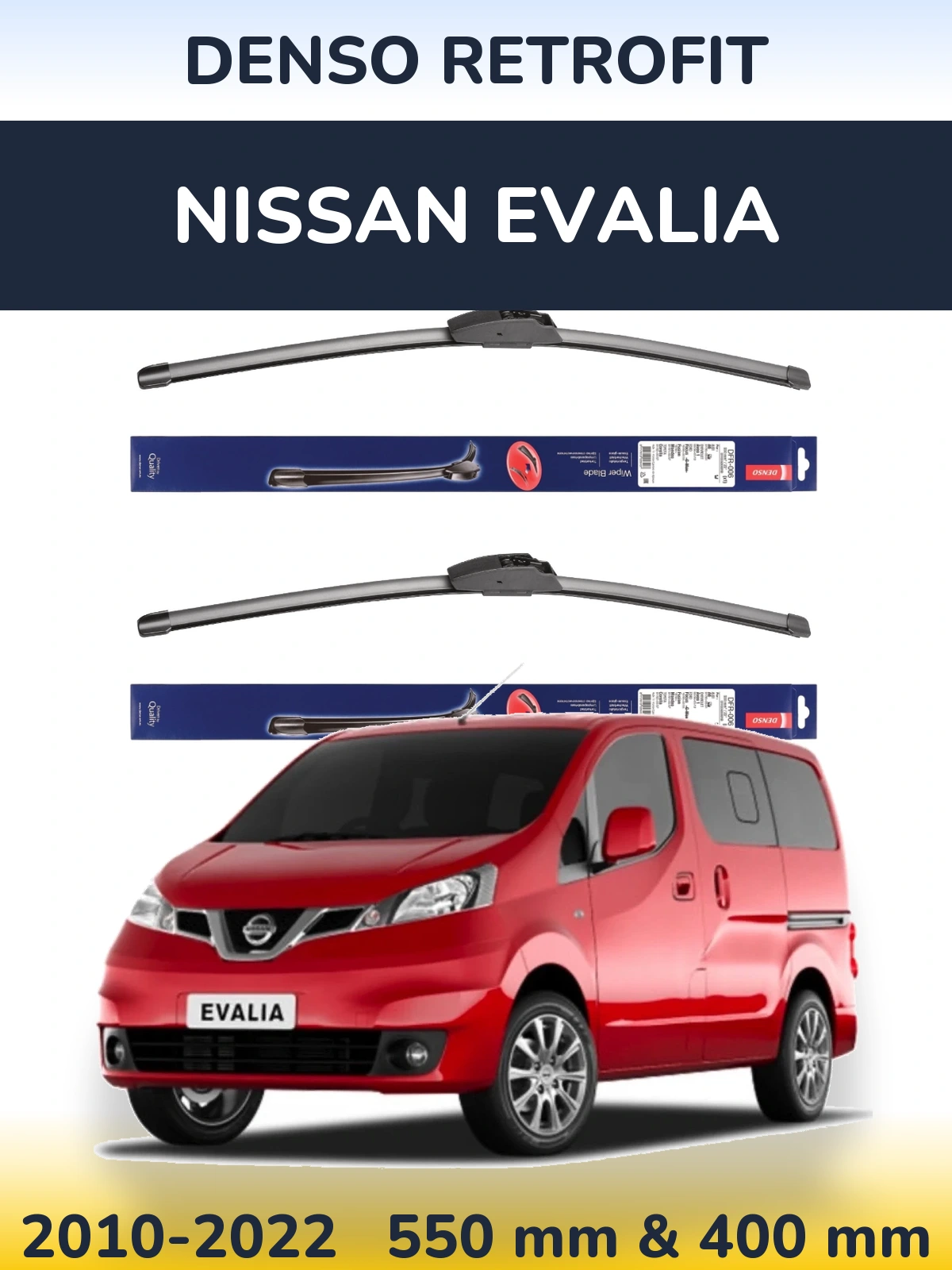 Front wiper blade set Denso Retrofit 550 & 400 mm for Nissan Evalia 2010-2022
