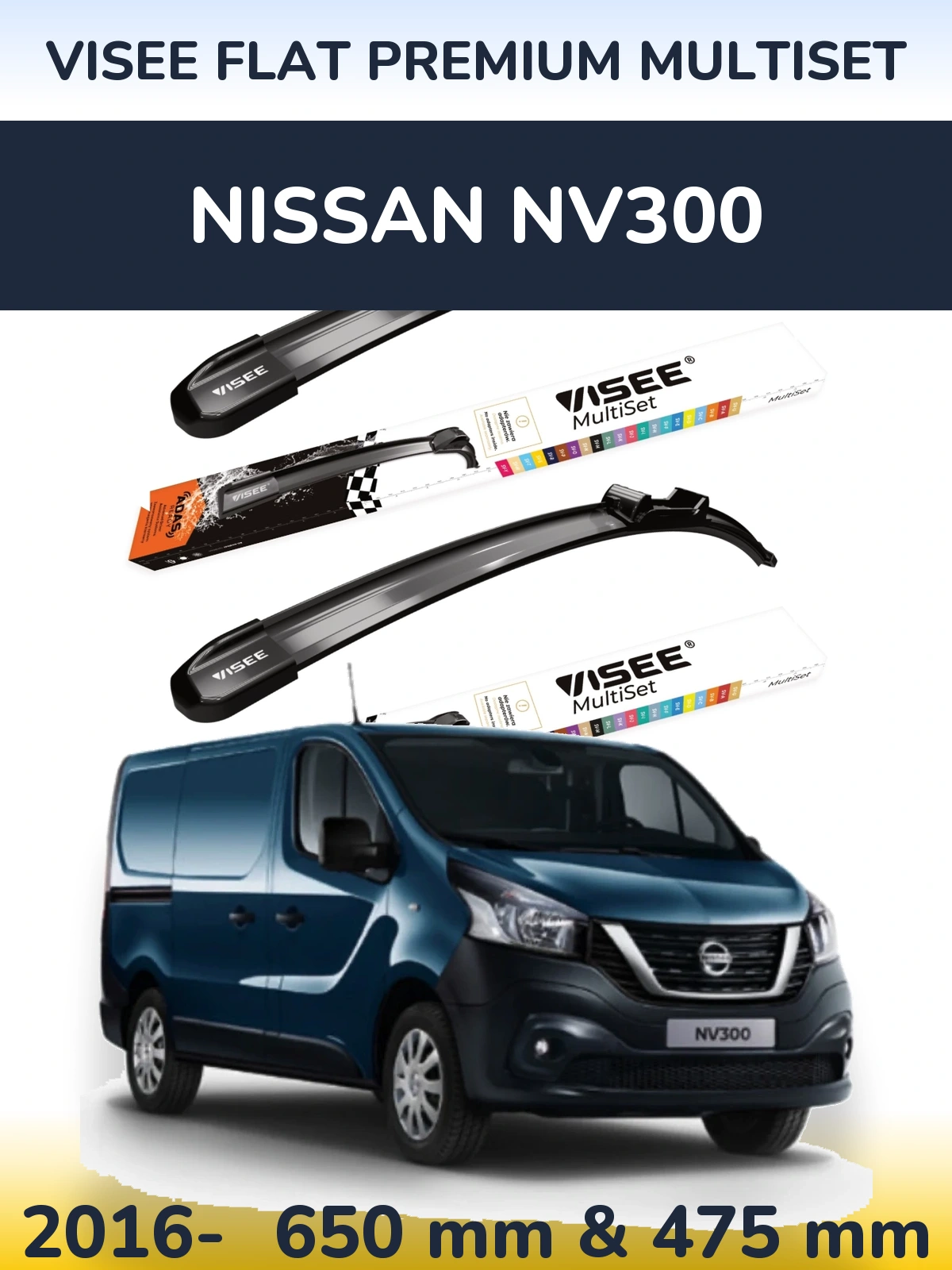 Komplet przednich wycieraczek VISEE FLAT PREMIUM MultiSet 650 & 475 mm do Nissan NV300 2016-2026