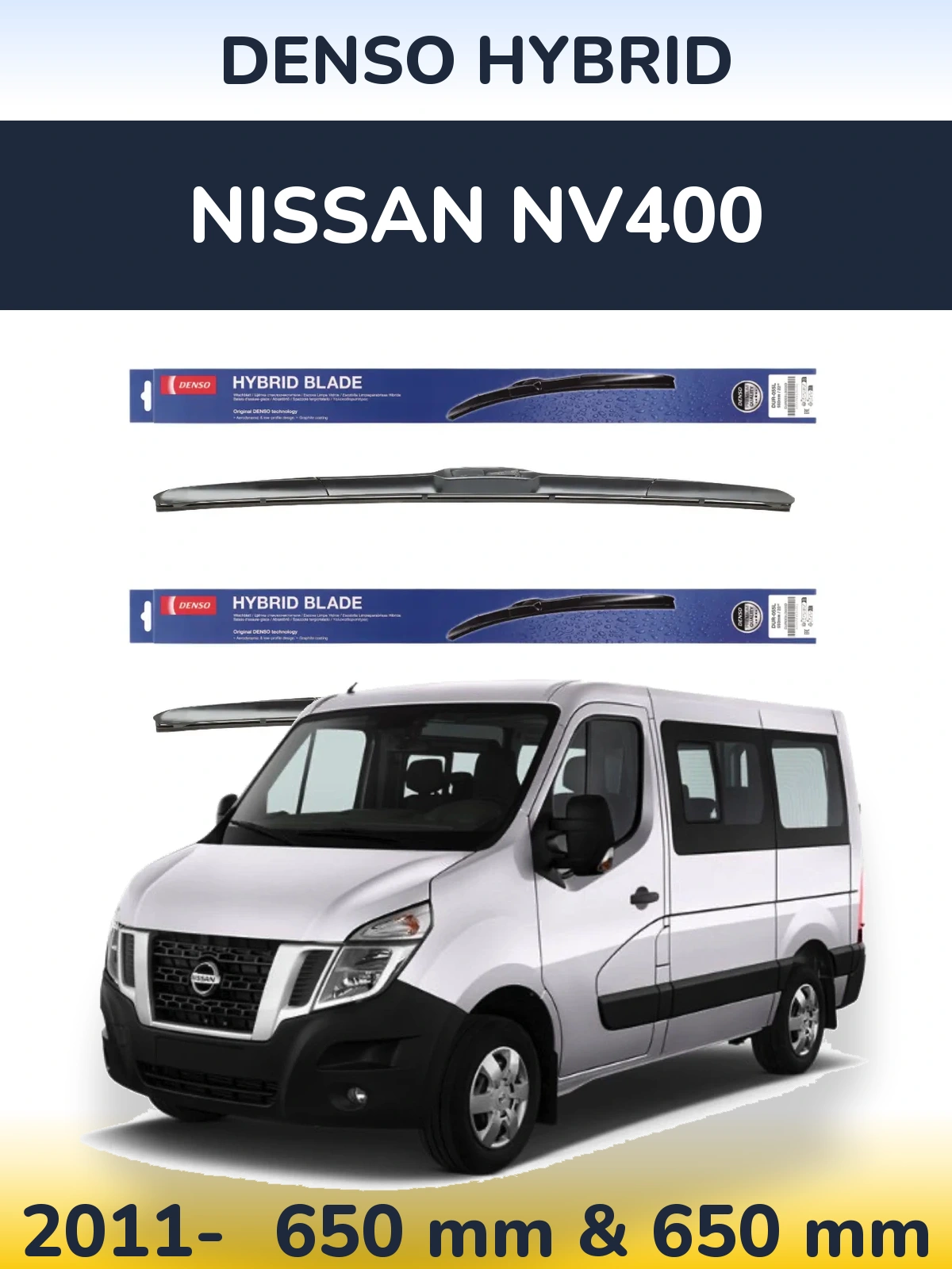Front wiper blade set Denso Hybrid 650 & 650 mm for Nissan NV400 2011-2026