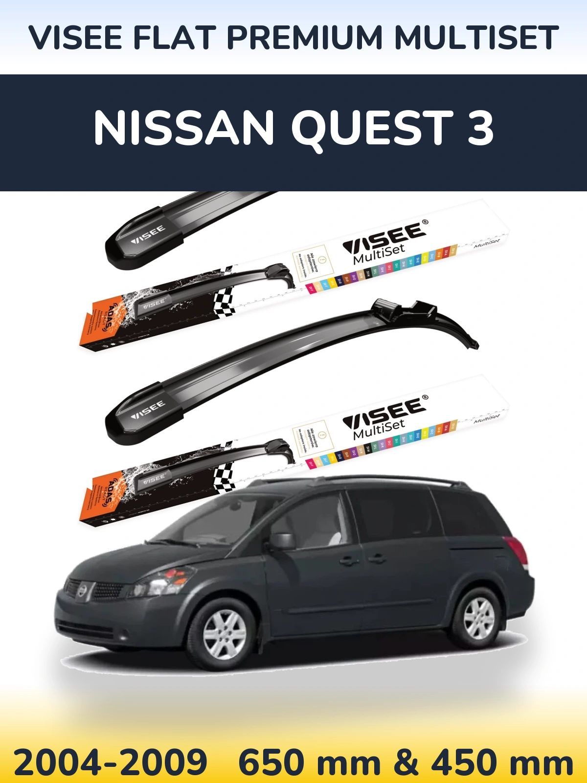 Front wiper blade set VISEE FLAT PREMIUM MultiSet 650 & 450 mm for Nissan Quest 3 2004-2009