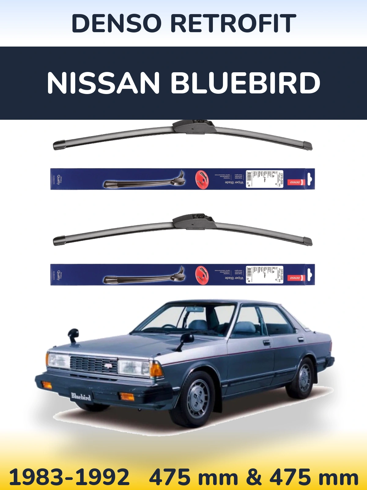 Front wiper blade set Denso Retrofit 475 & 475 mm for Nissan Bluebird 1983-1992