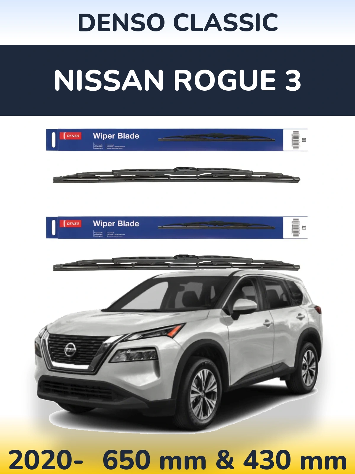 Front wiper blade set Denso Classic 650 & 430 mm for Nissan Rogue 3 2020-2026