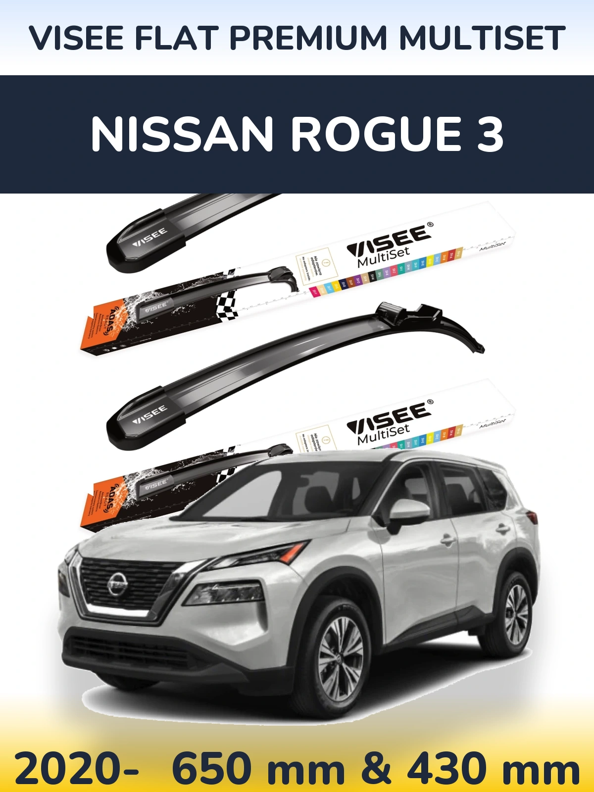 Komplet przednich wycieraczek VISEE FLAT PREMIUM MultiSet 650 & 430 mm do Nissan Rogue 3 2020-2026