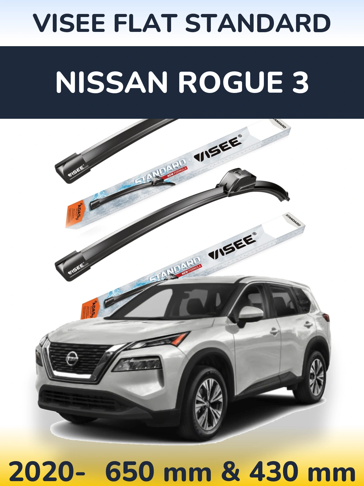Front wiper blade set VISEE FLAT STANDARD 650 & 430 mm for Nissan Rogue 3 2020-2026