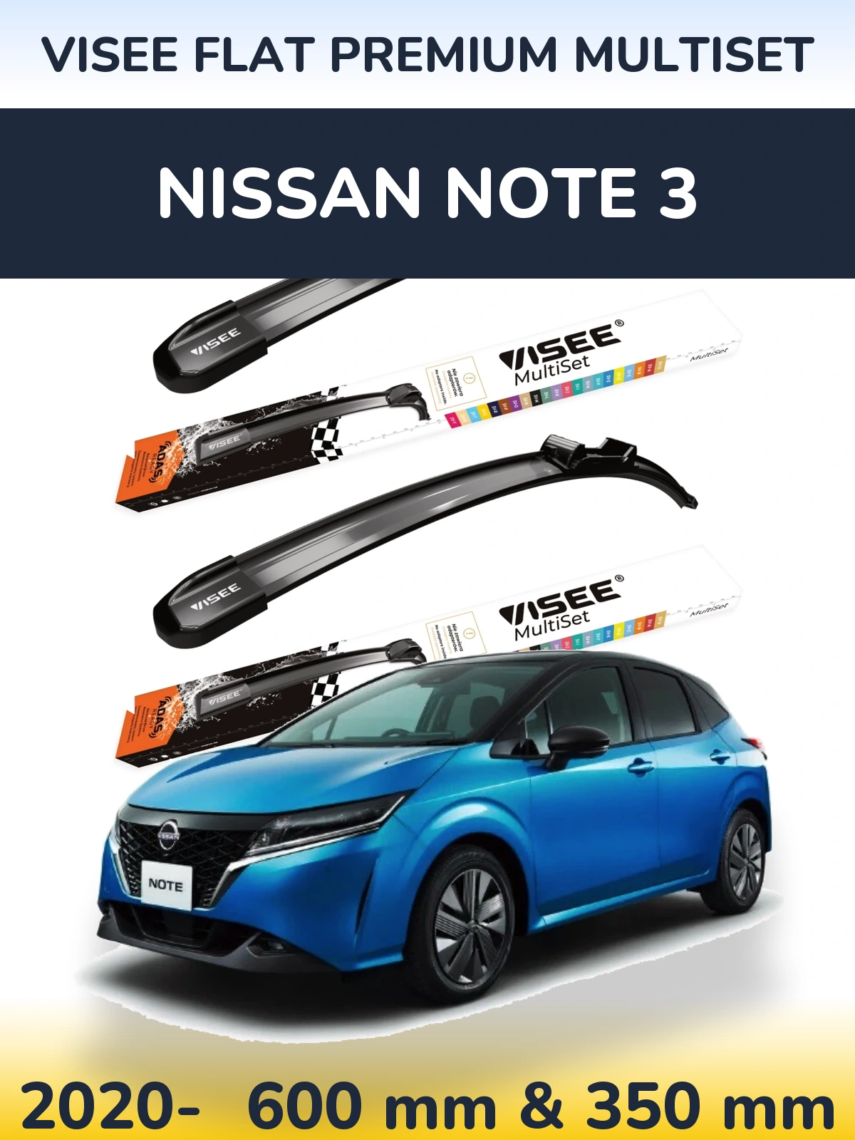 Komplet przednich wycieraczek VISEE FLAT PREMIUM MultiSet 600 & 350 mm do Nissan Note 3 2020-2026