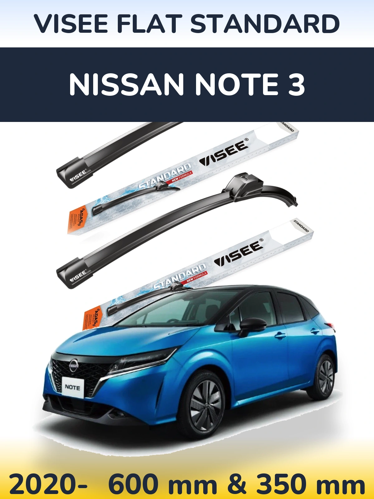 Front wiper blade set VISEE FLAT STANDARD 600 & 350 mm for Nissan Note 3 2020-2026