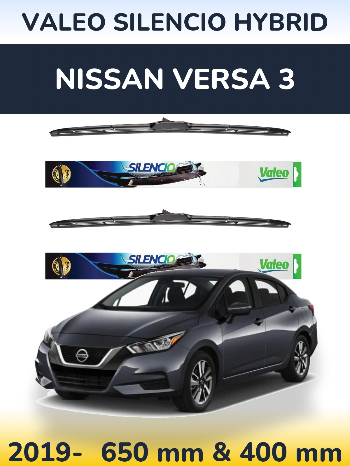 Komplet przednich wycieraczek Valeo Silencio Hybrid 650 & 400 mm do Nissan Versa 3 2019-2026