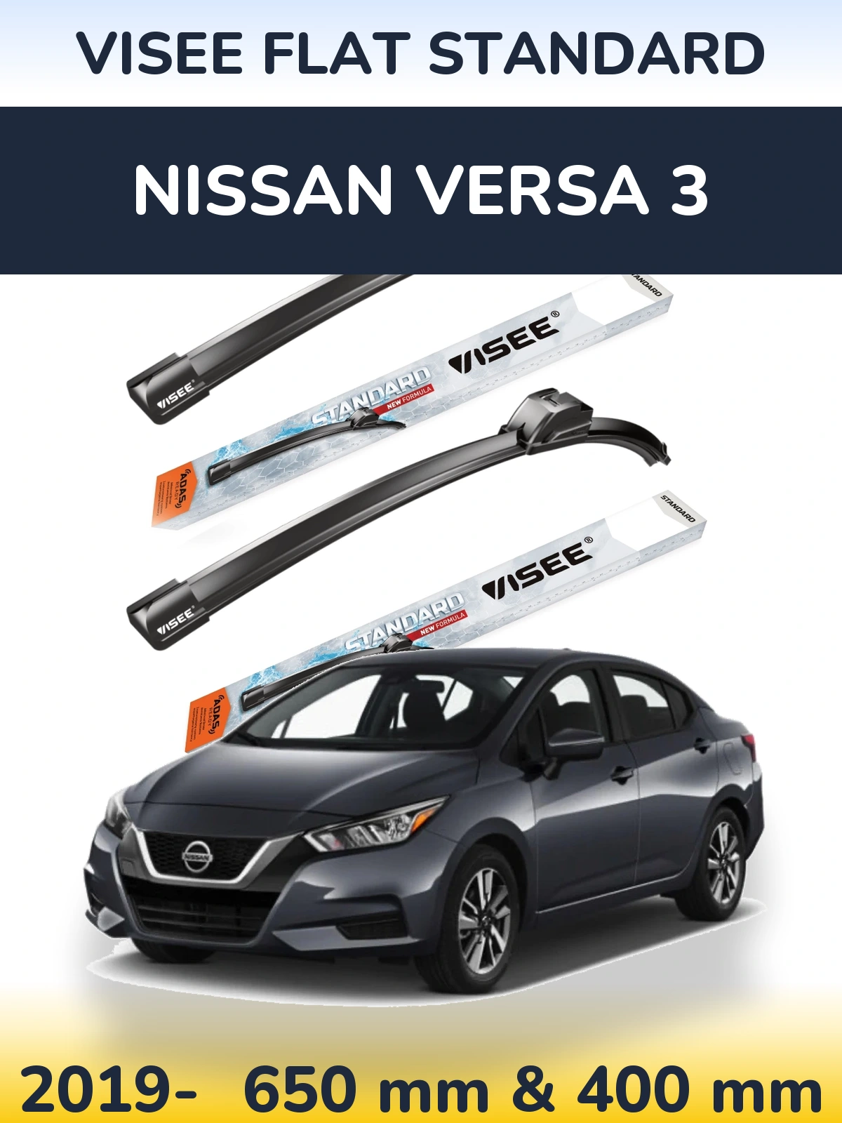 Front wiper blade set VISEE FLAT STANDARD 650 & 400 mm for Nissan Versa 3 2019-2026